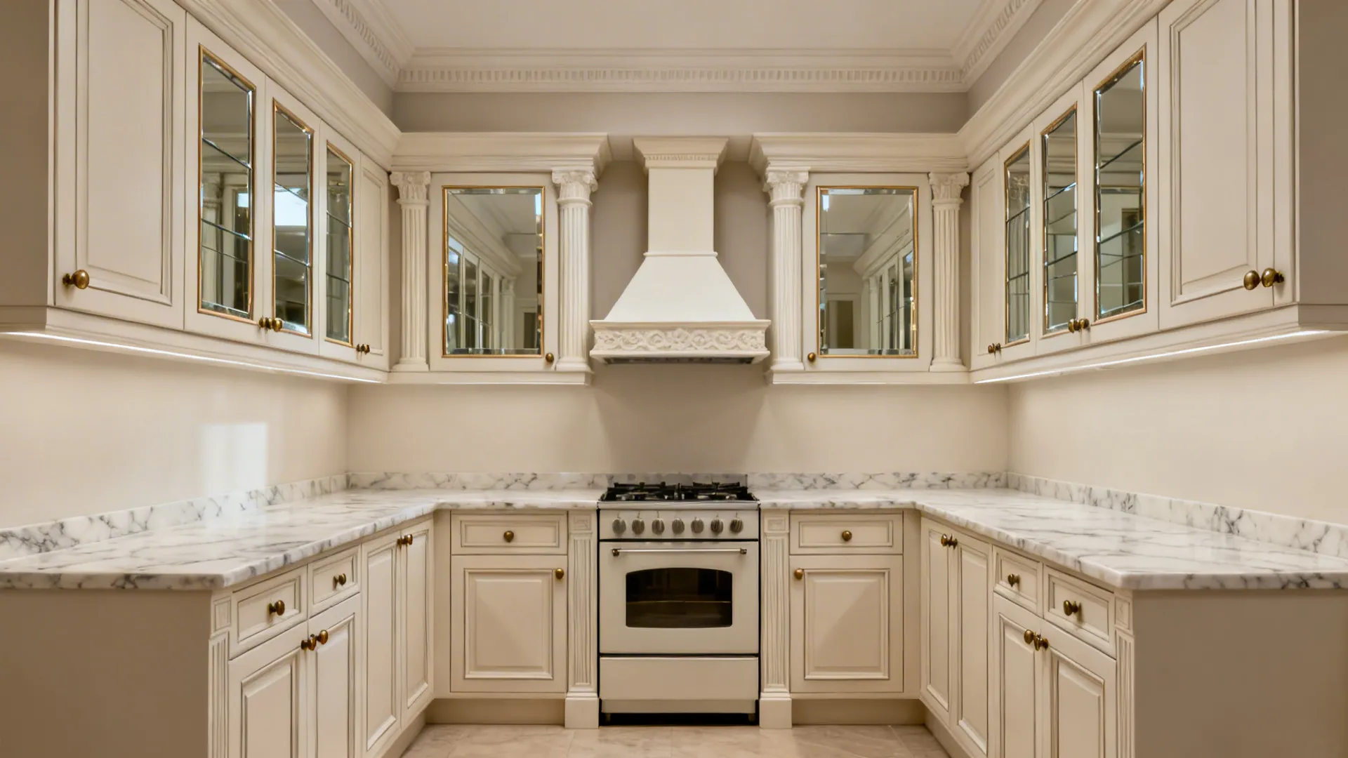 Symmetrical classical galley elevation with centered hood, mirrored glass uppers, and framed cabinetry.
