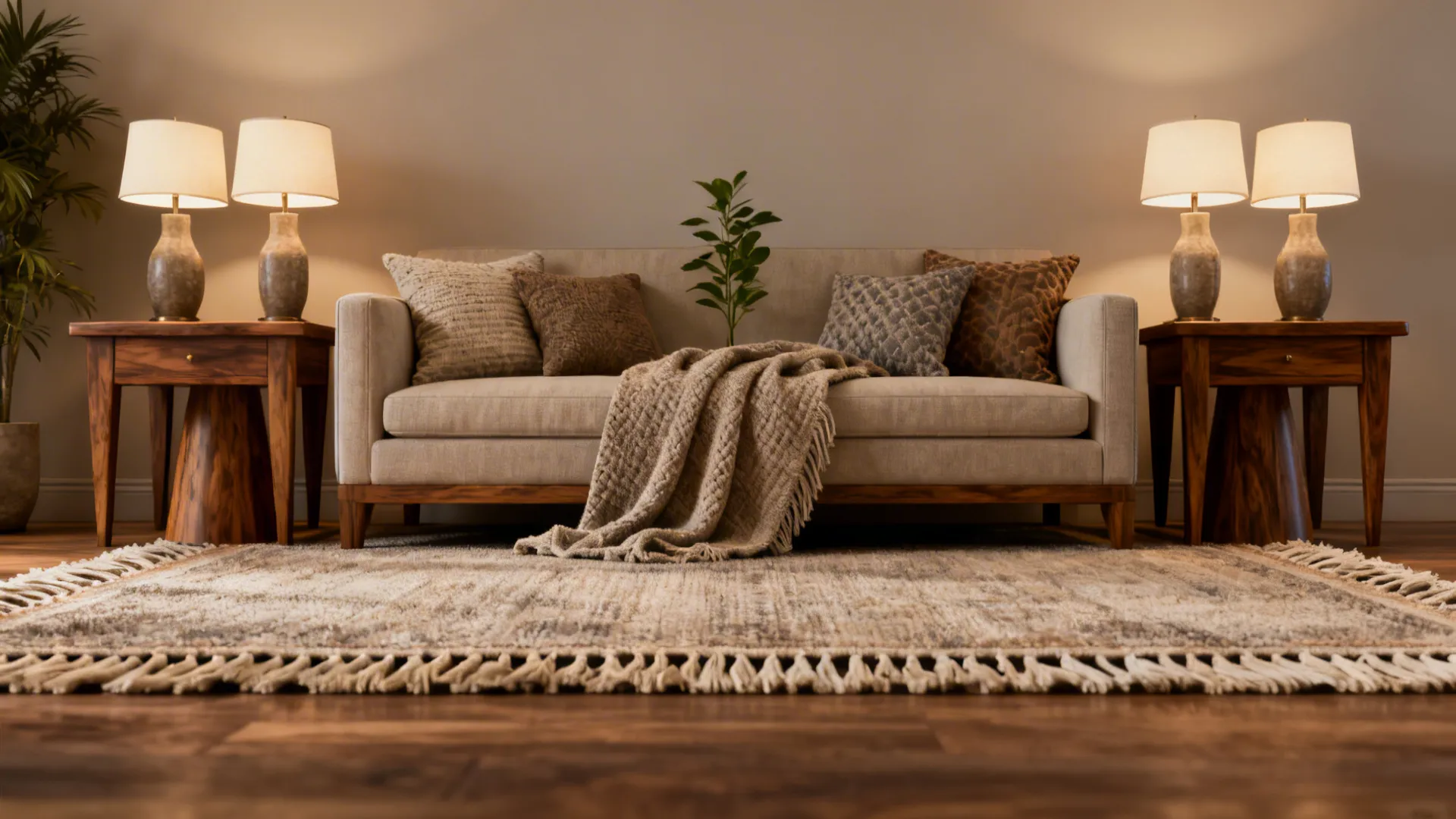 Layered rug, cushions and paired lamps with a plant breaking perfect symmetry.