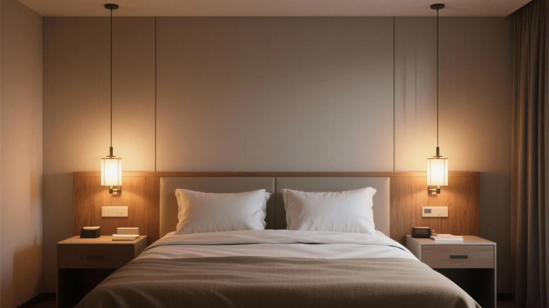 Symmetrical bedroom design with two hanging ceiling lights over bedside tables and wood wall panels