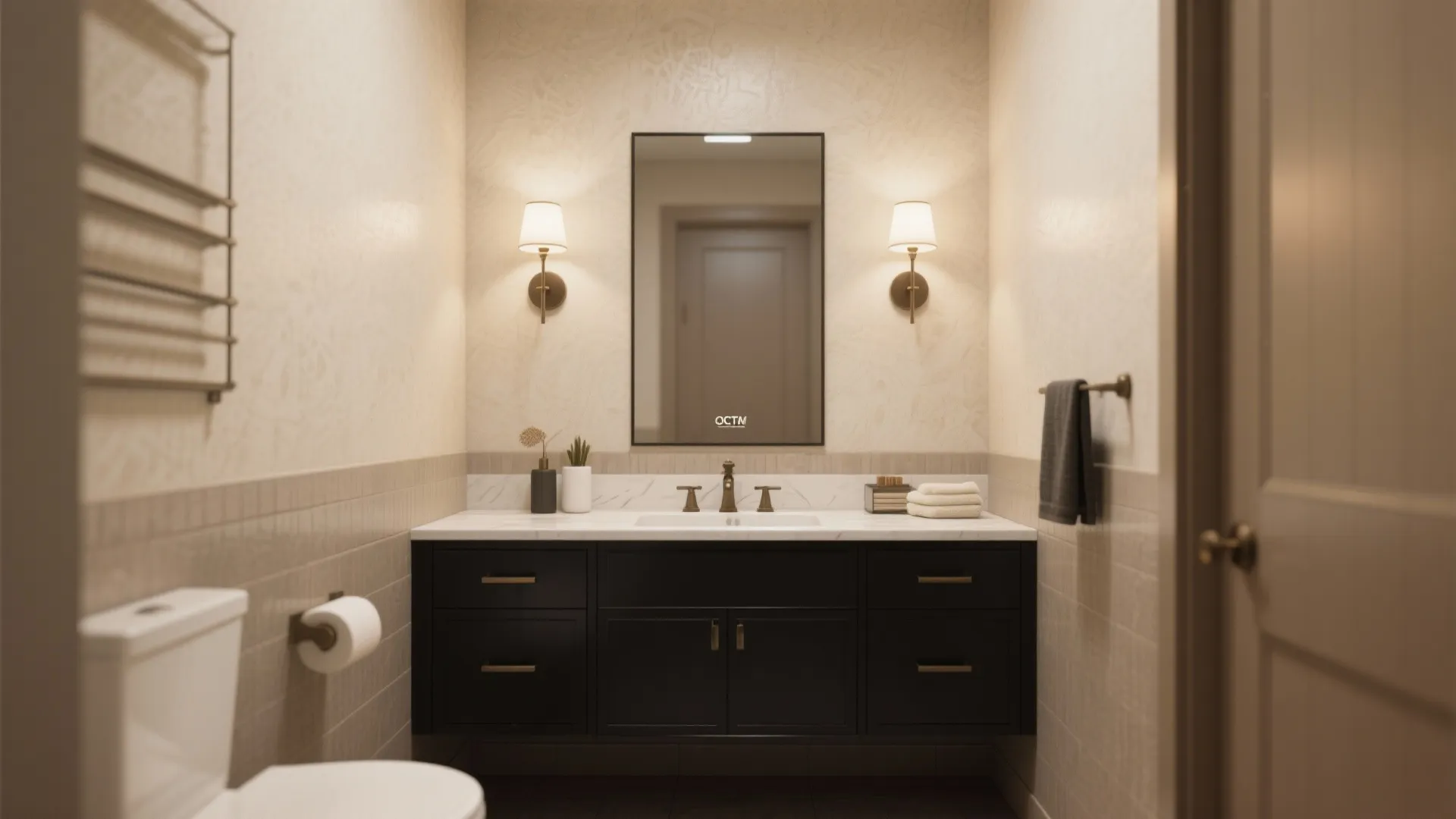 5. Symmetry and lighting around a 36" black vanity