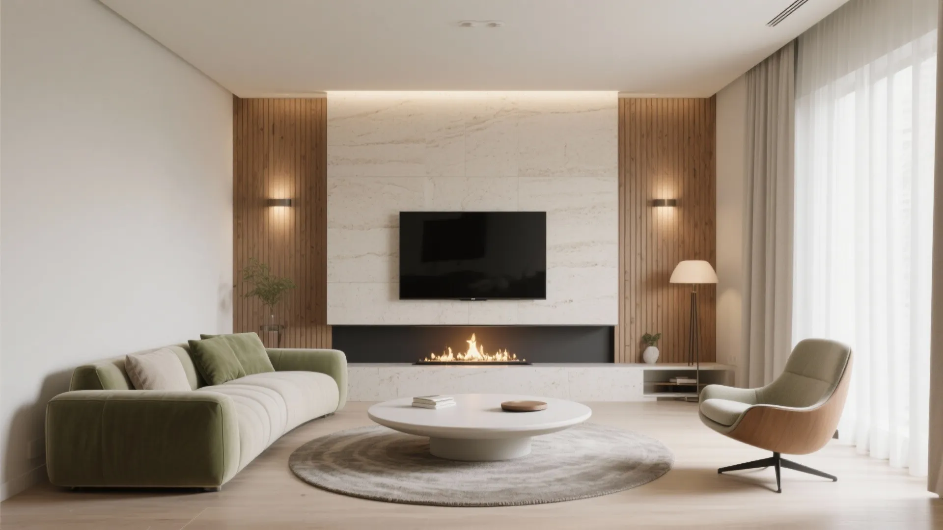 Centered TV and fireplace with a curved sofa and round rug guiding circulation.