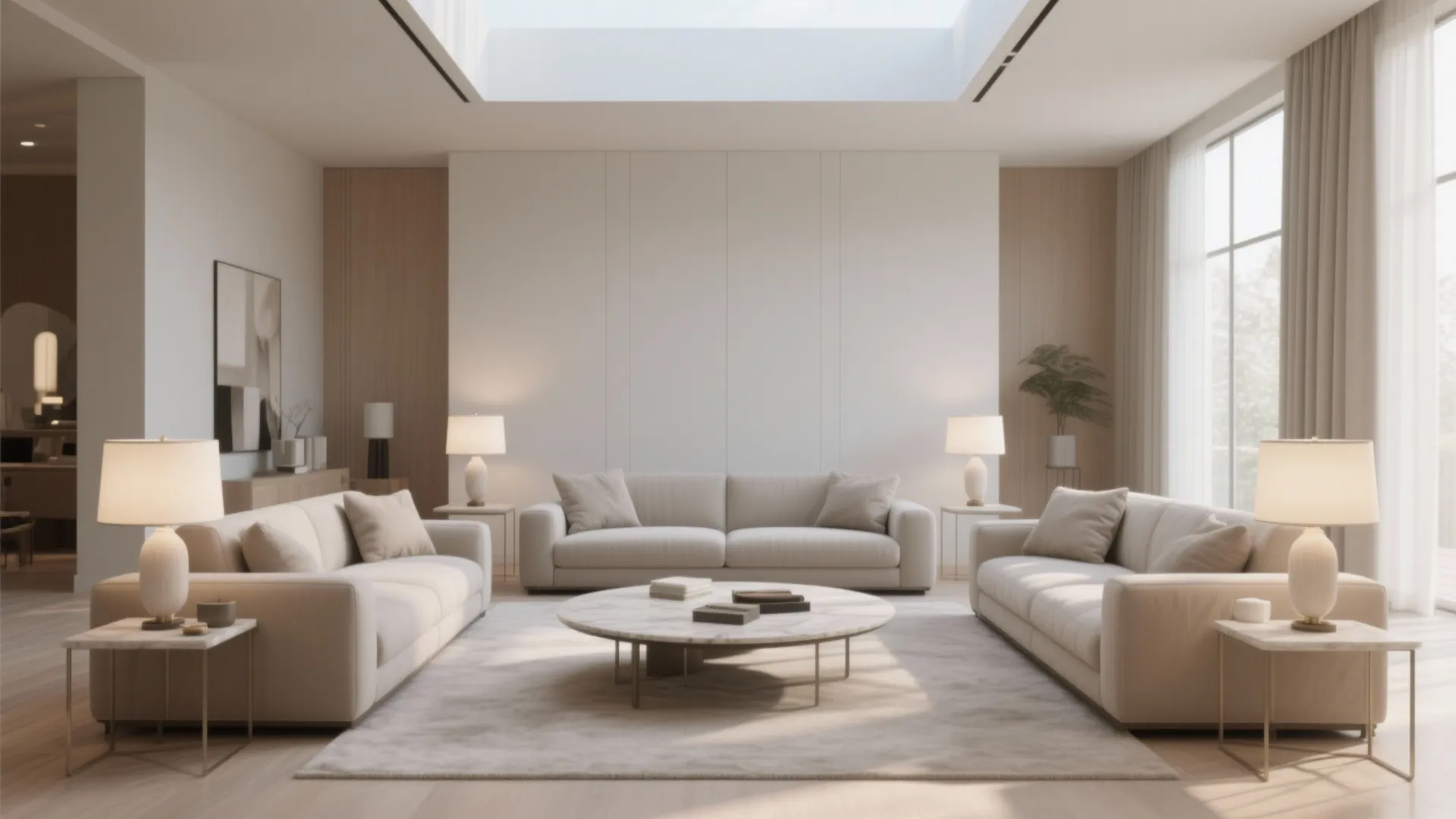 Symmetrical living room design with three beige sofas marble coffee table and large white wall panels