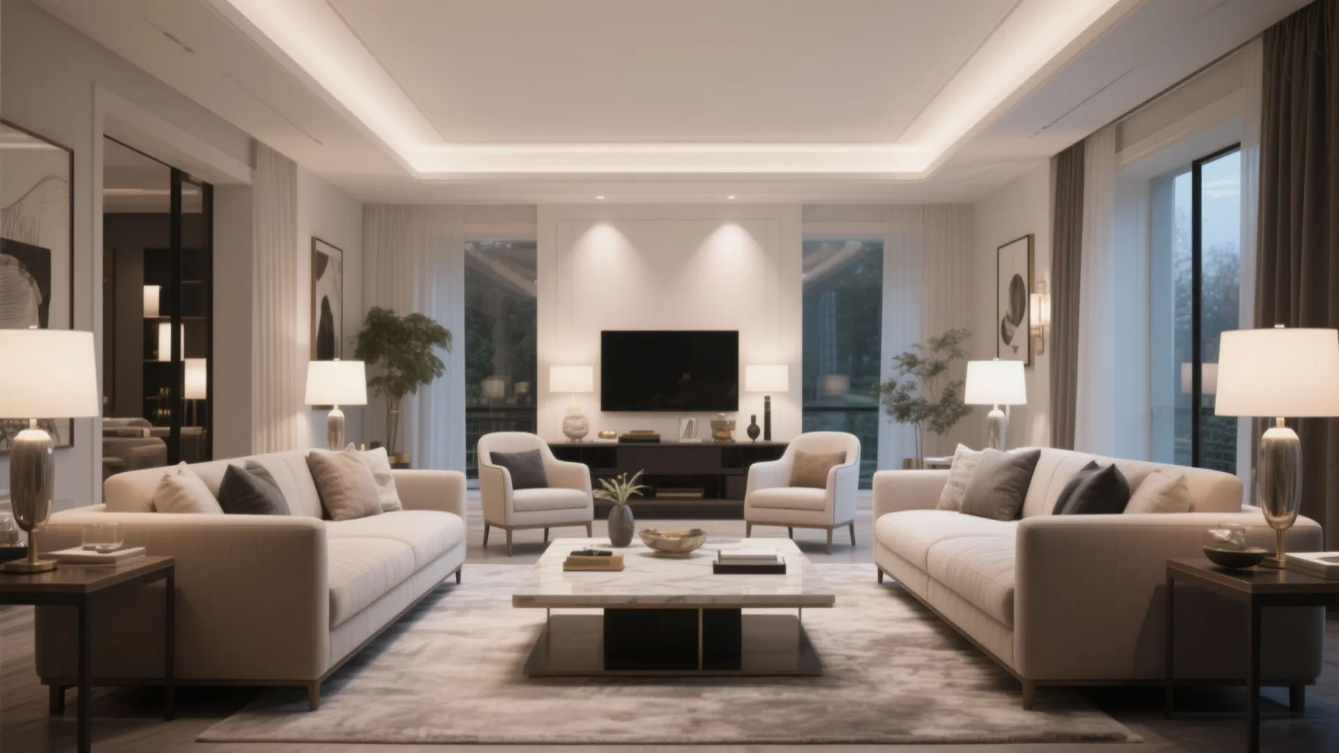 Symmetrical living room featuring two white sofas facing a marble coffee table with warm lighting