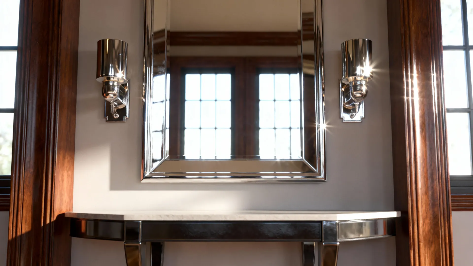 Mirrored panels above a console with matching sconces to amplify light and create symmetry.