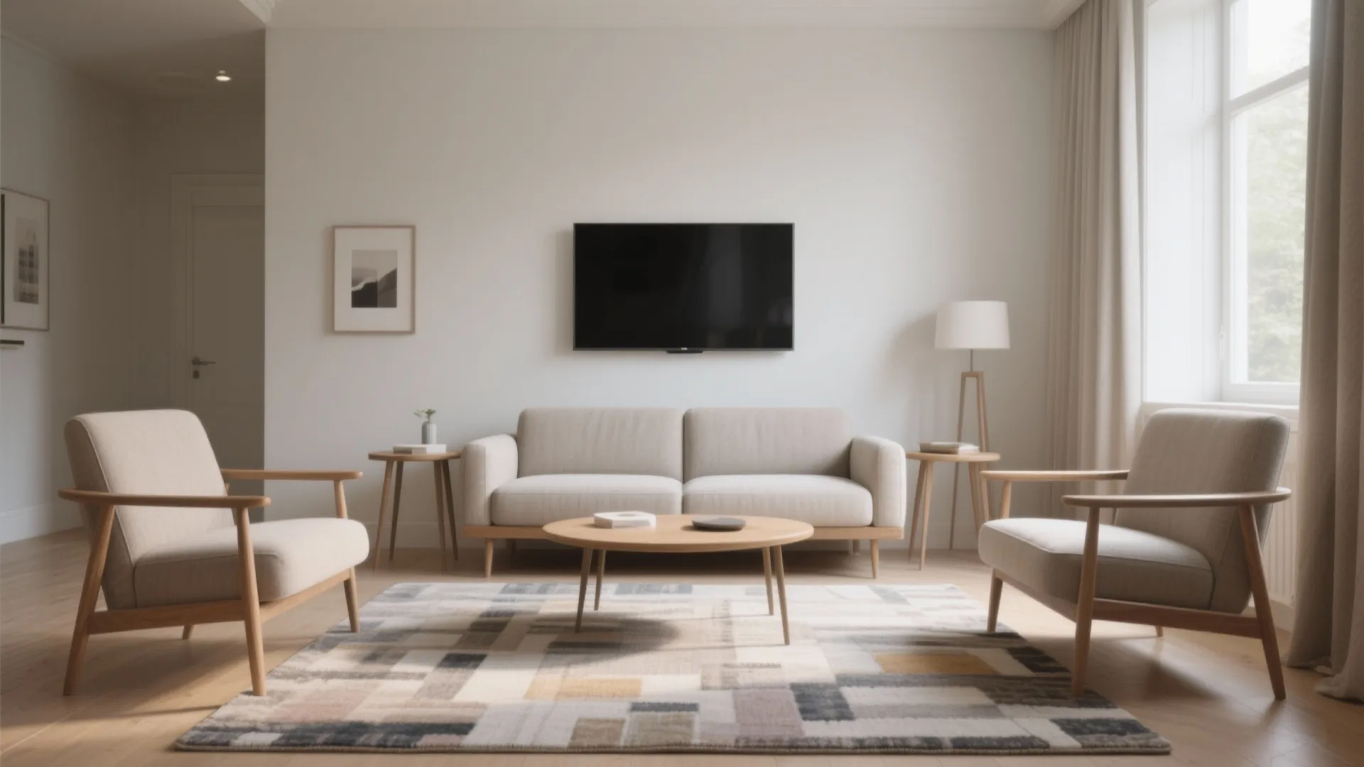 Symmetrical living room setup with beige sofa two armchairs wooden coffee table and wall television