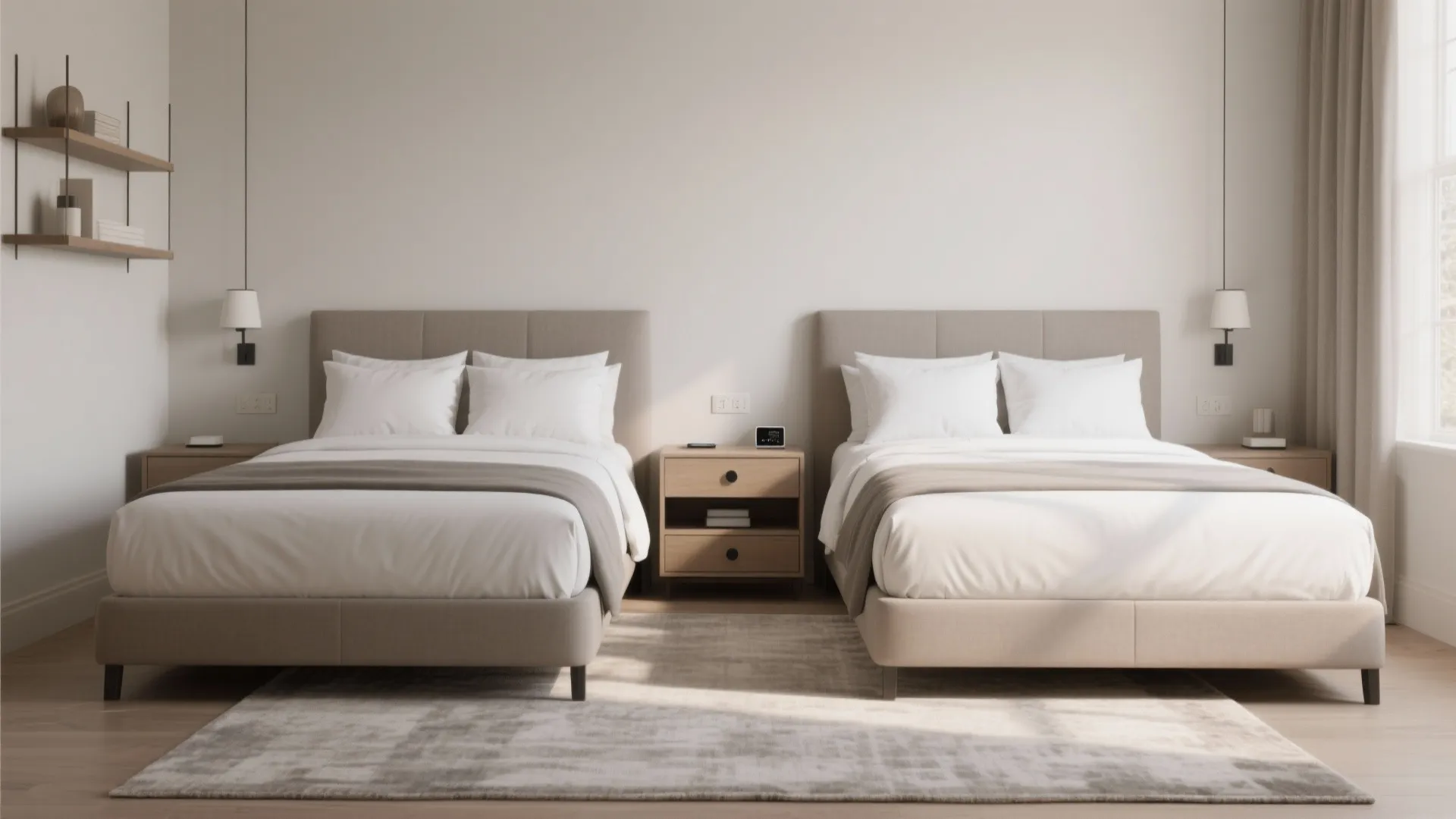 2) Hotel-style symmetry with a narrow shared night table