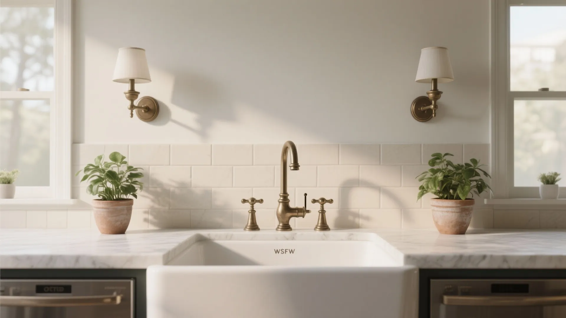 Symmetrical kitchen design with white sink brass faucet potted plants and two classic wall lights