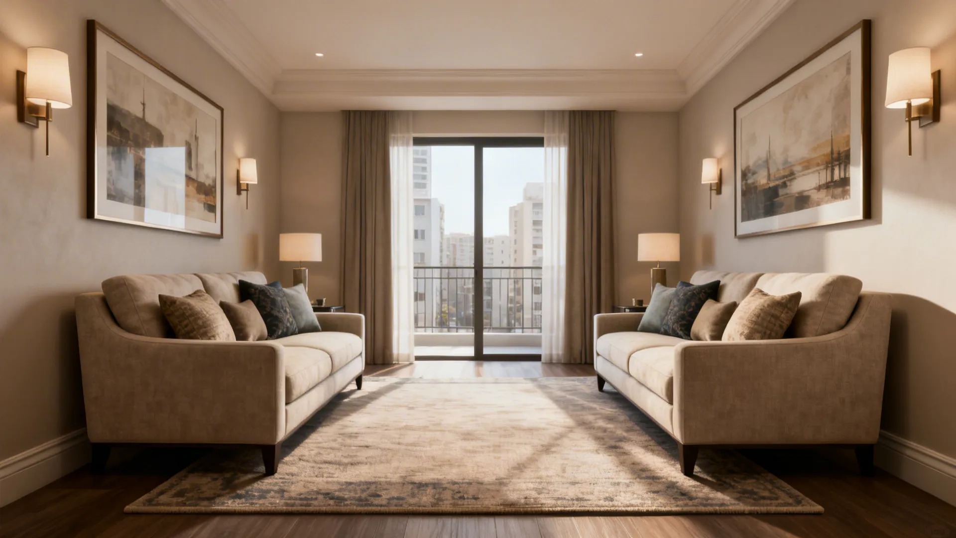 Pair of matching sofas across a rug creating a symmetrical, boutique-hotel style living room.