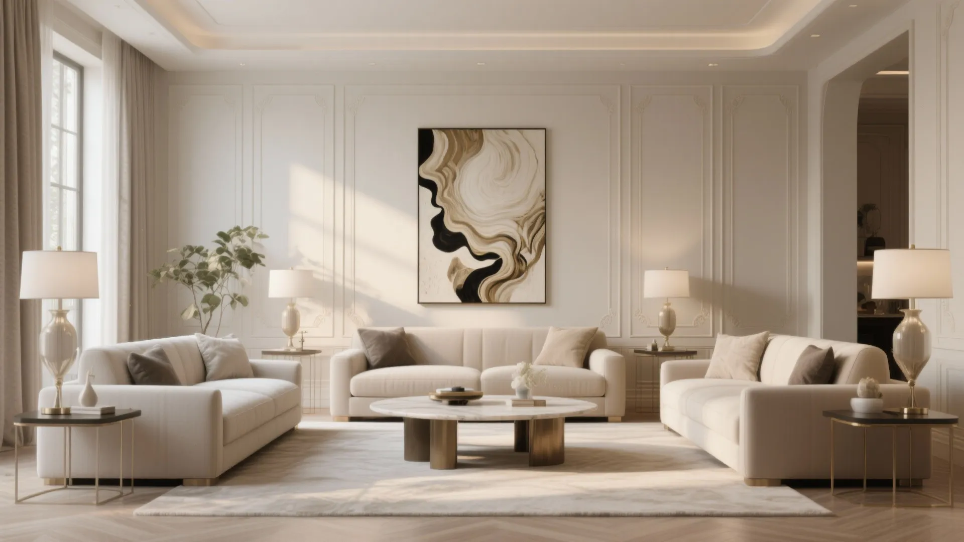 Symmetrical living room with beige sofas marble coffee table wall panel abstract painting and lamps