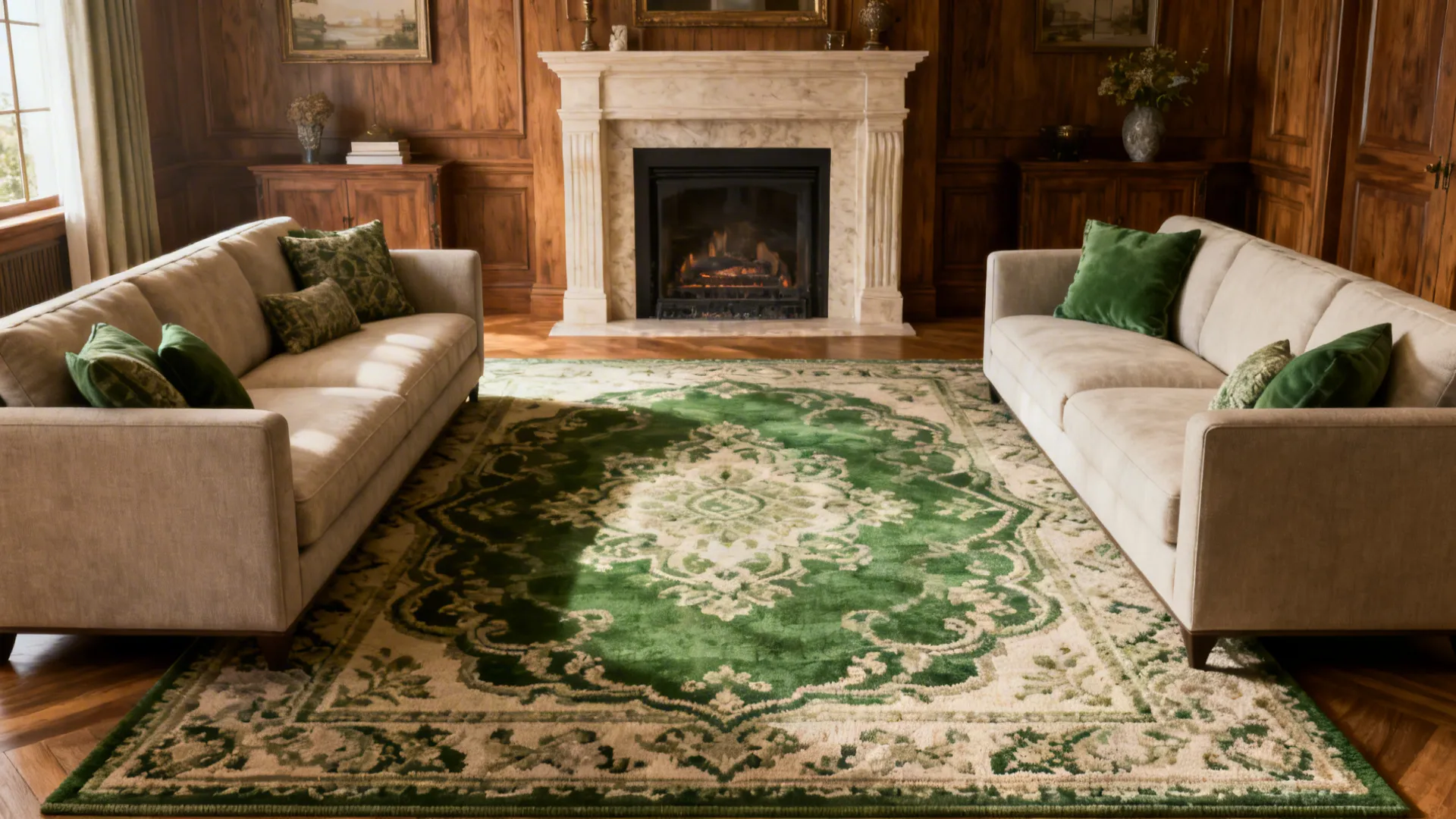 Living room featuring two beige sofas large green patterned rug marble fireplace and wall panels