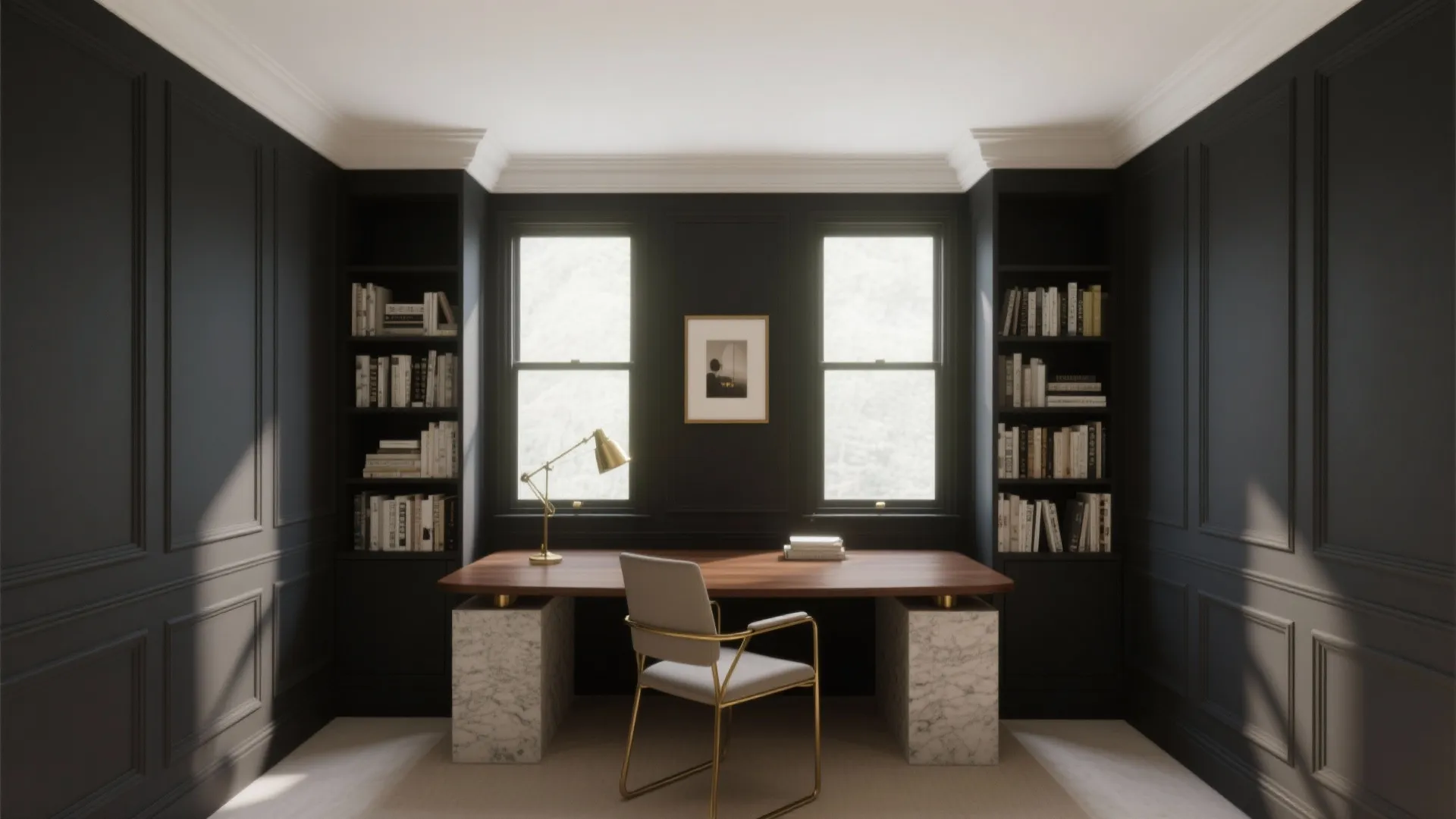 Symmetrical home office design with dark wall panels two windows wooden desk and white marble base