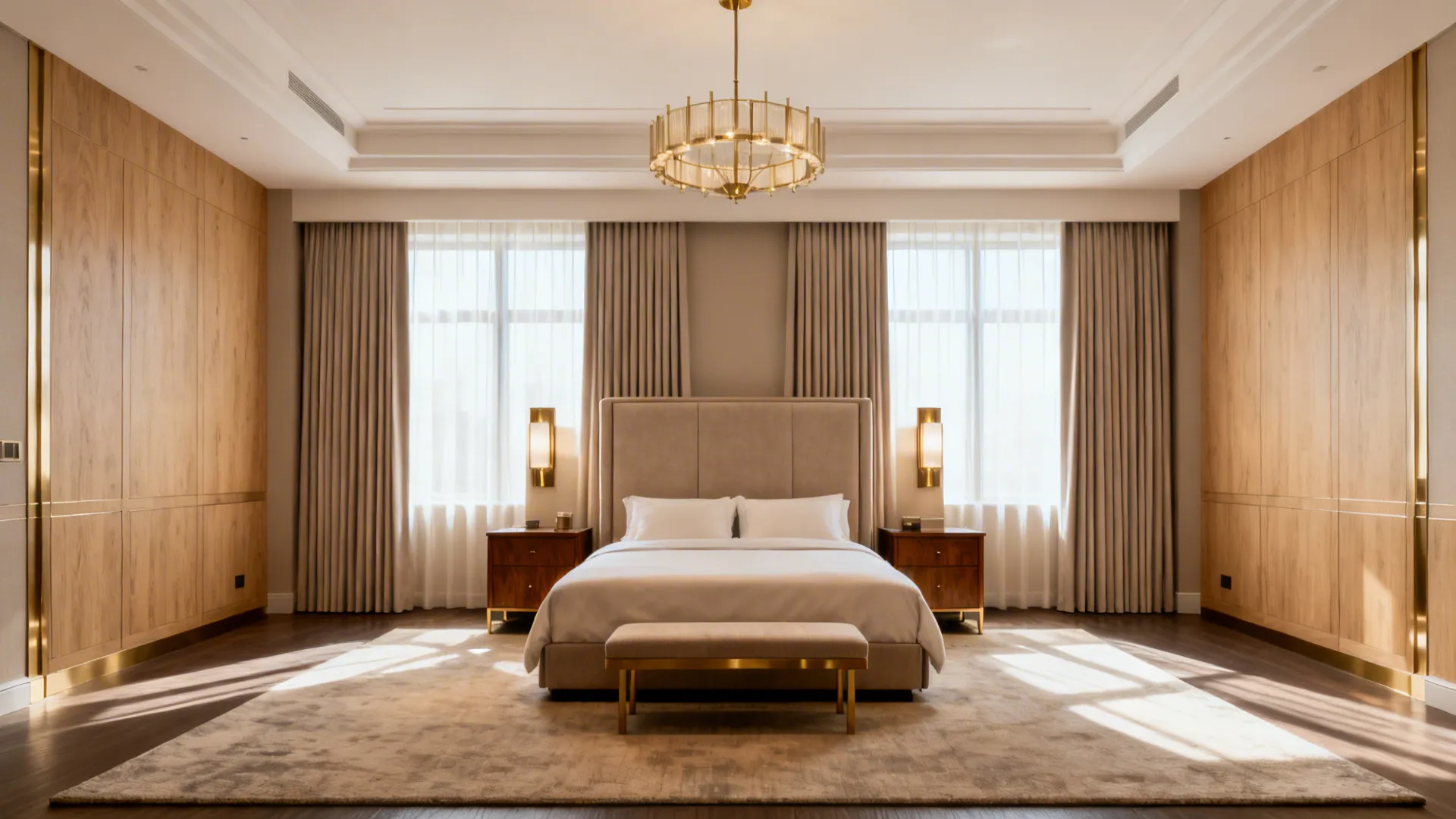 Symmetrical bedroom with wooden wall panel ceiling light beige bed two nightstands and large floor rug