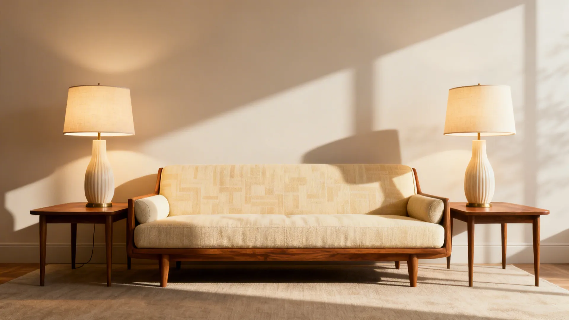 Two matching table lamps on side tables providing even ambient light beside a sofa