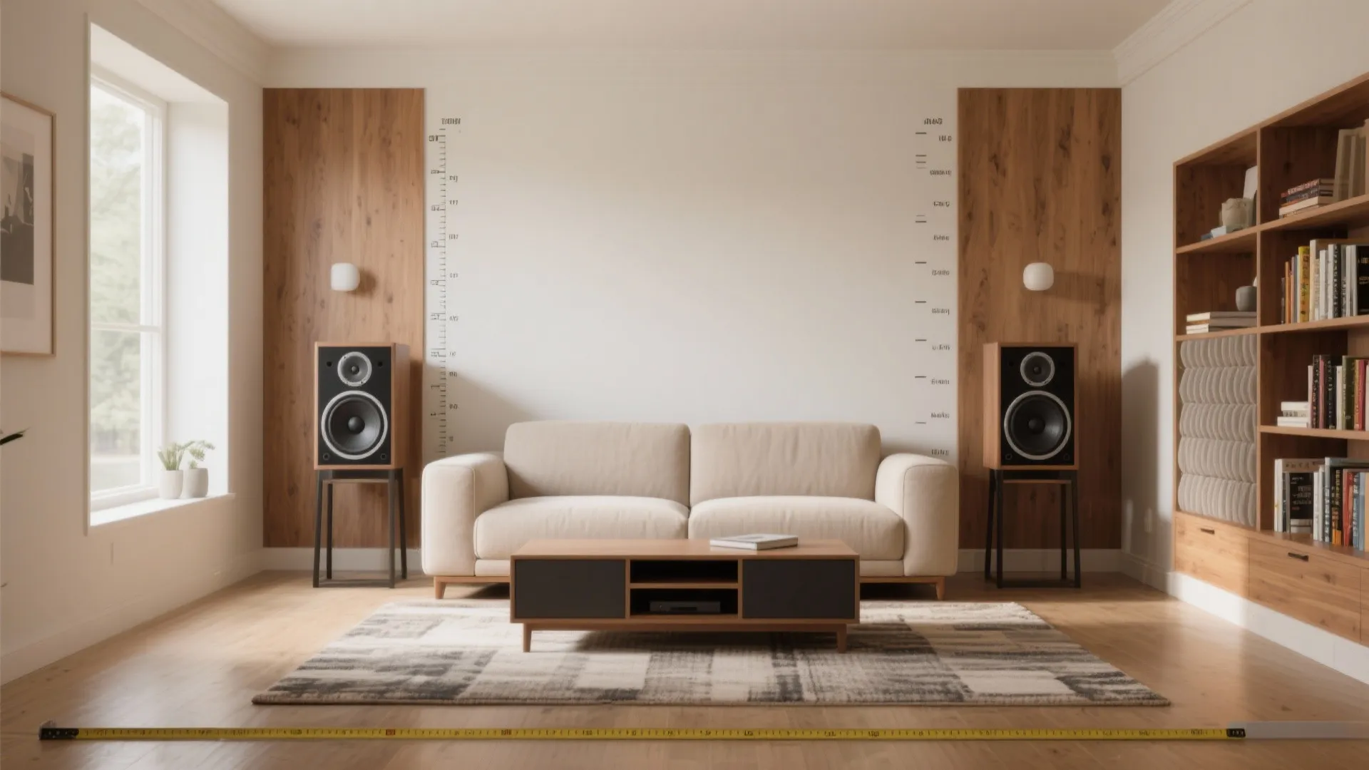 Symmetrical living room layout with cream sofa wooden coffee table and two speakers on stands
