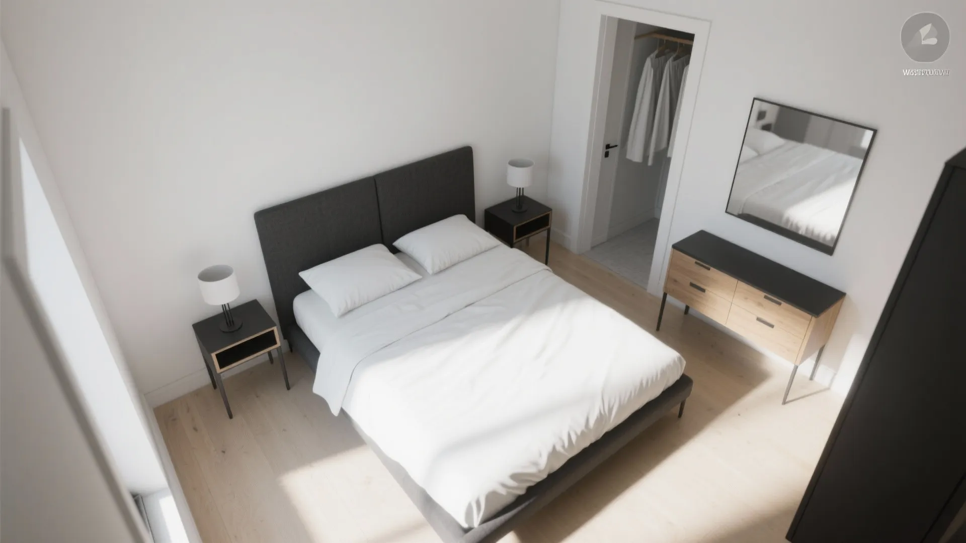 Interior design drawing of bedroom with grey bed wood floor cabinet mirror and walk-in closet