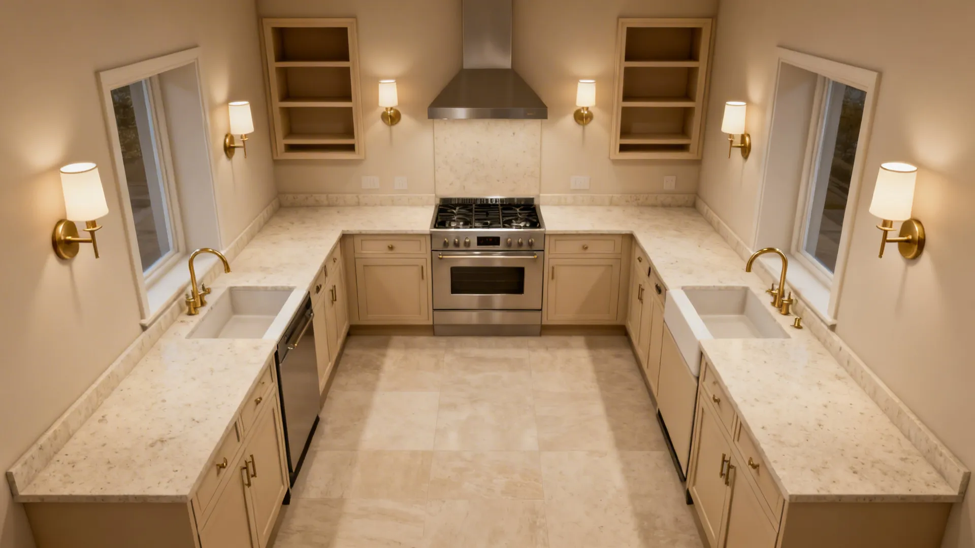 Symmetrical kitchen layout with cream cabinets beige floor tiles wall lights and two white sinks showing