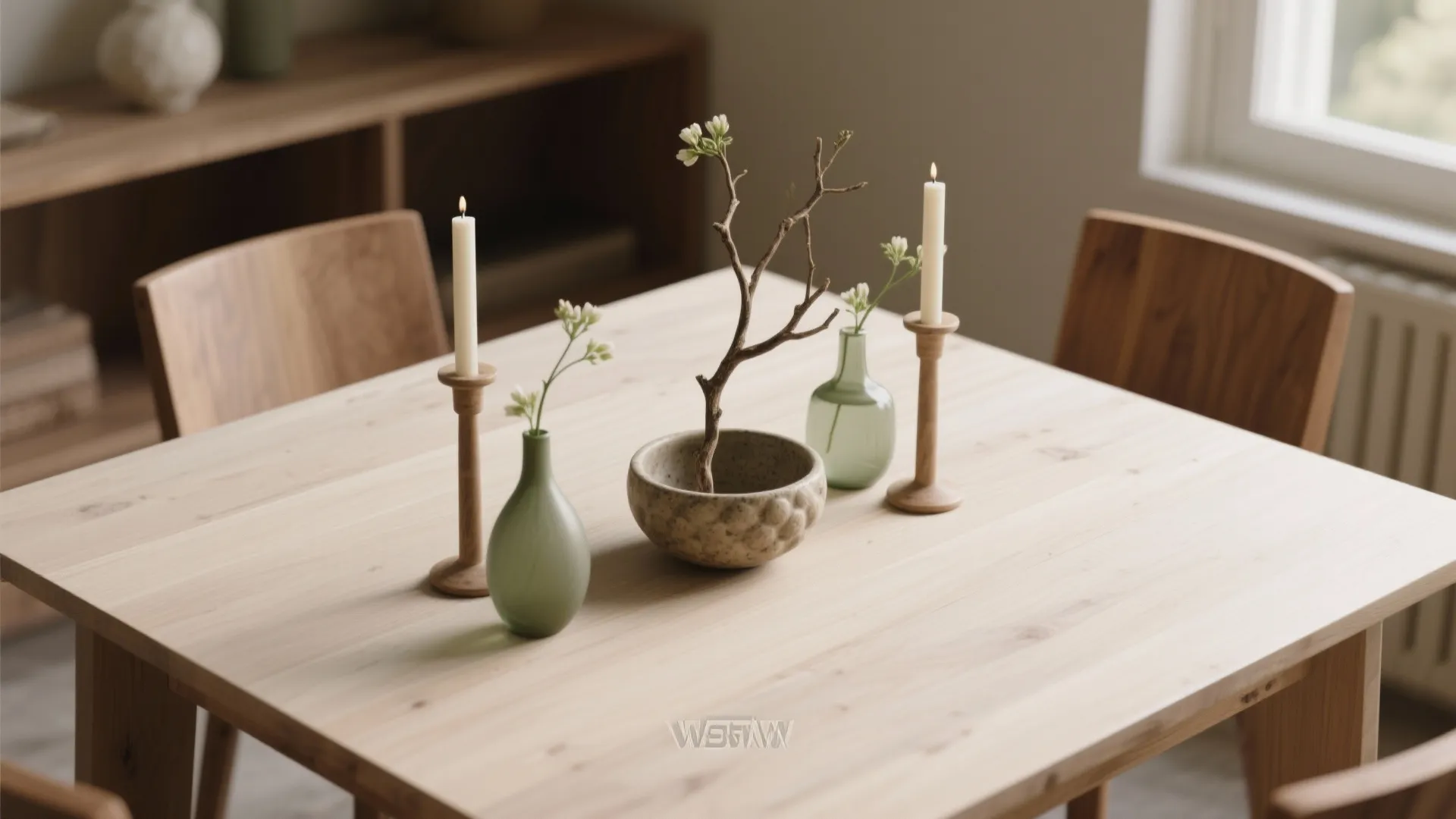 Wooden dining table with green glass vases, white candles on wood holders, and small flowers