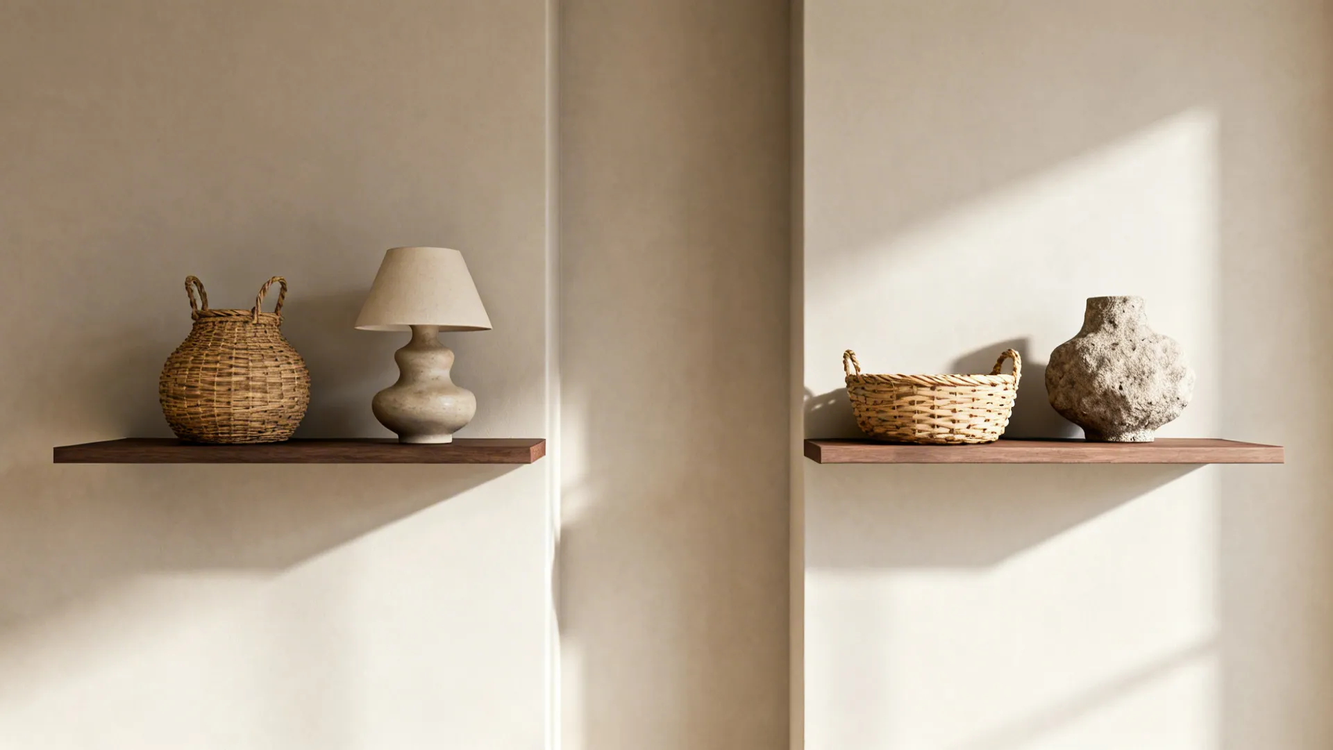 Two floating shelves styled symmetrically with baskets at the ends and varied center displays for texture contrast.