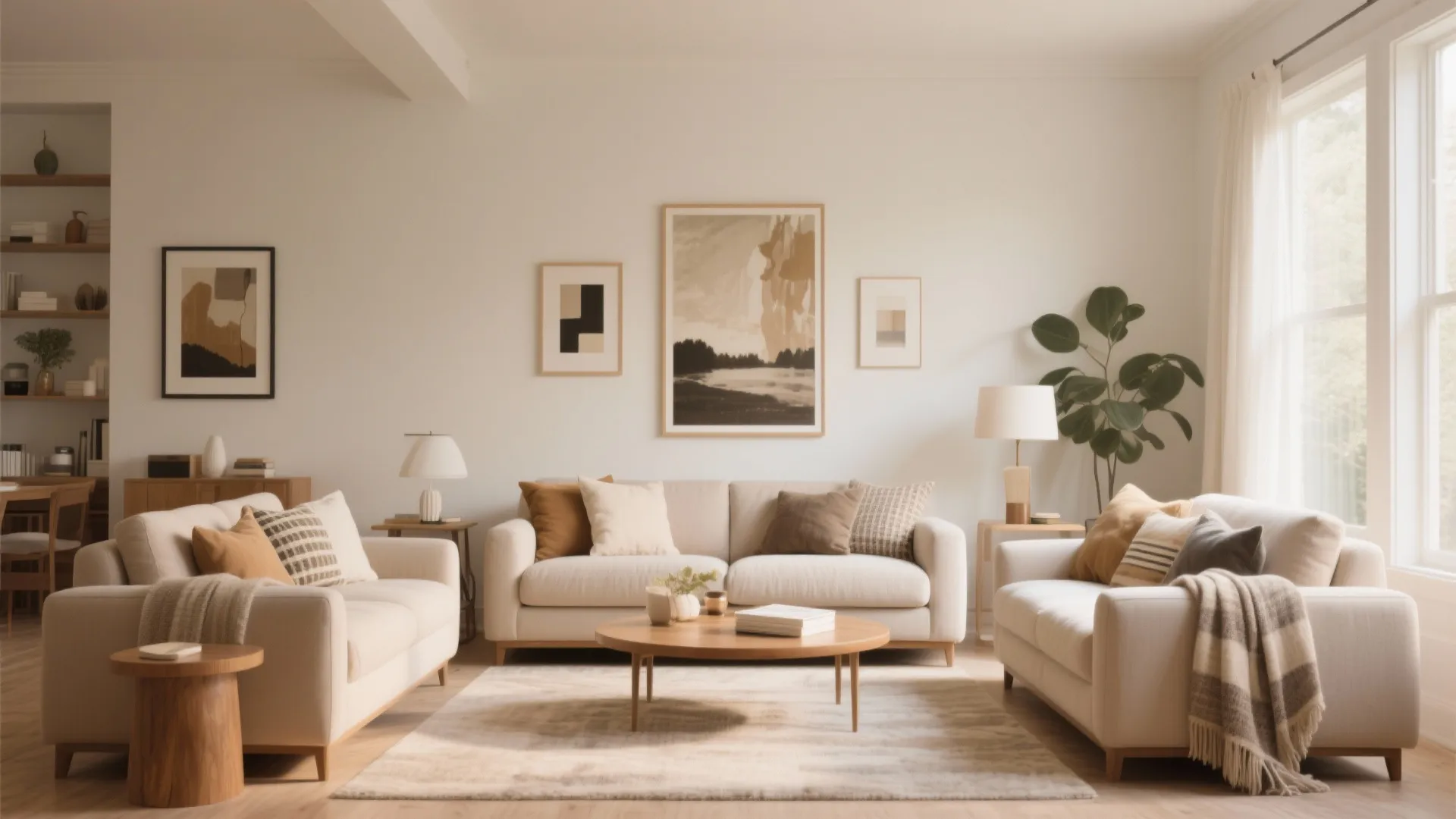 Symmetrical living room setup with white sofas wooden coffee table and three framed wall pictures