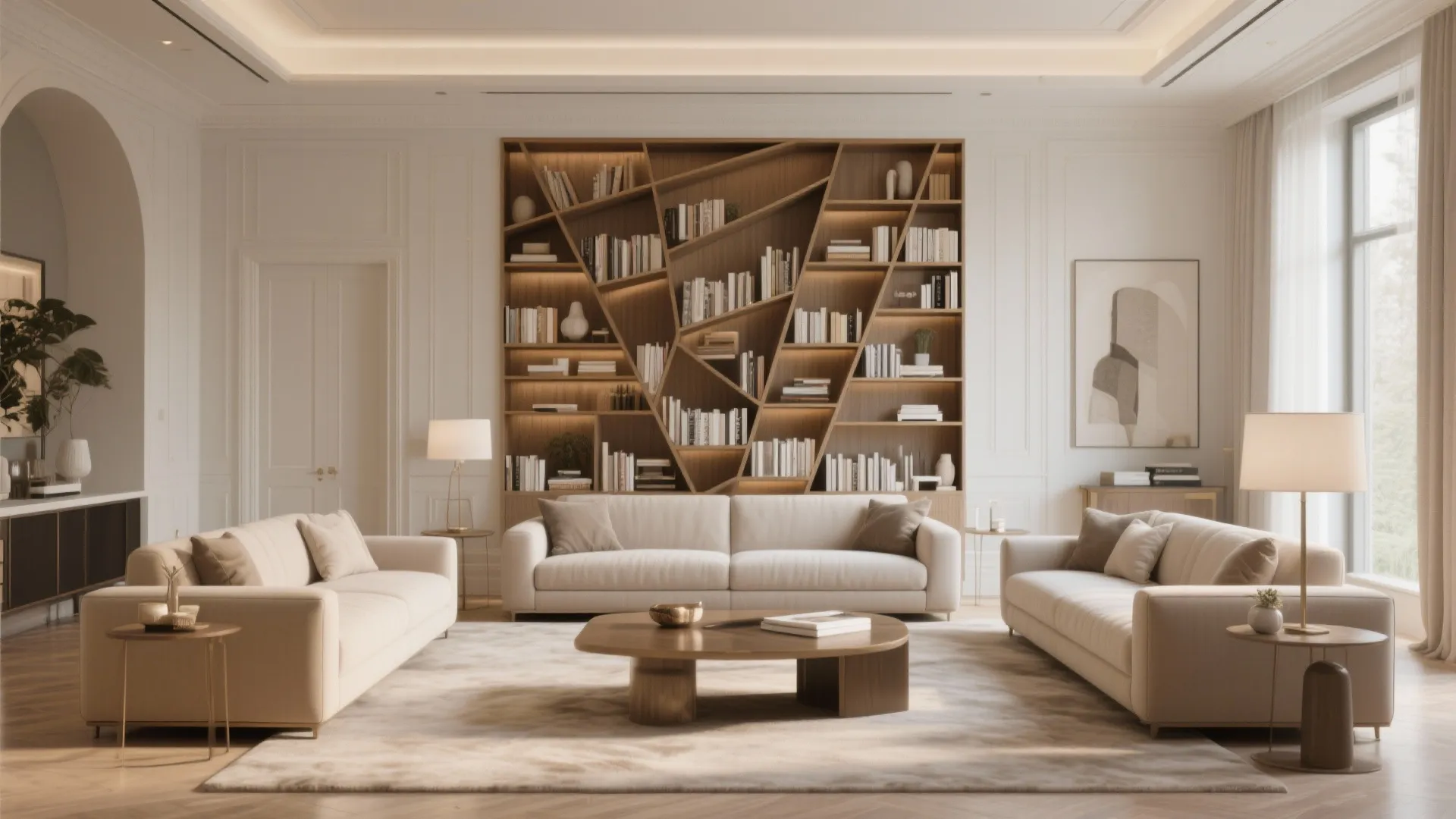 Symmetrical living room featuring cream sofas, wooden coffee table, large geometric bookshelf, lamps, and carpet