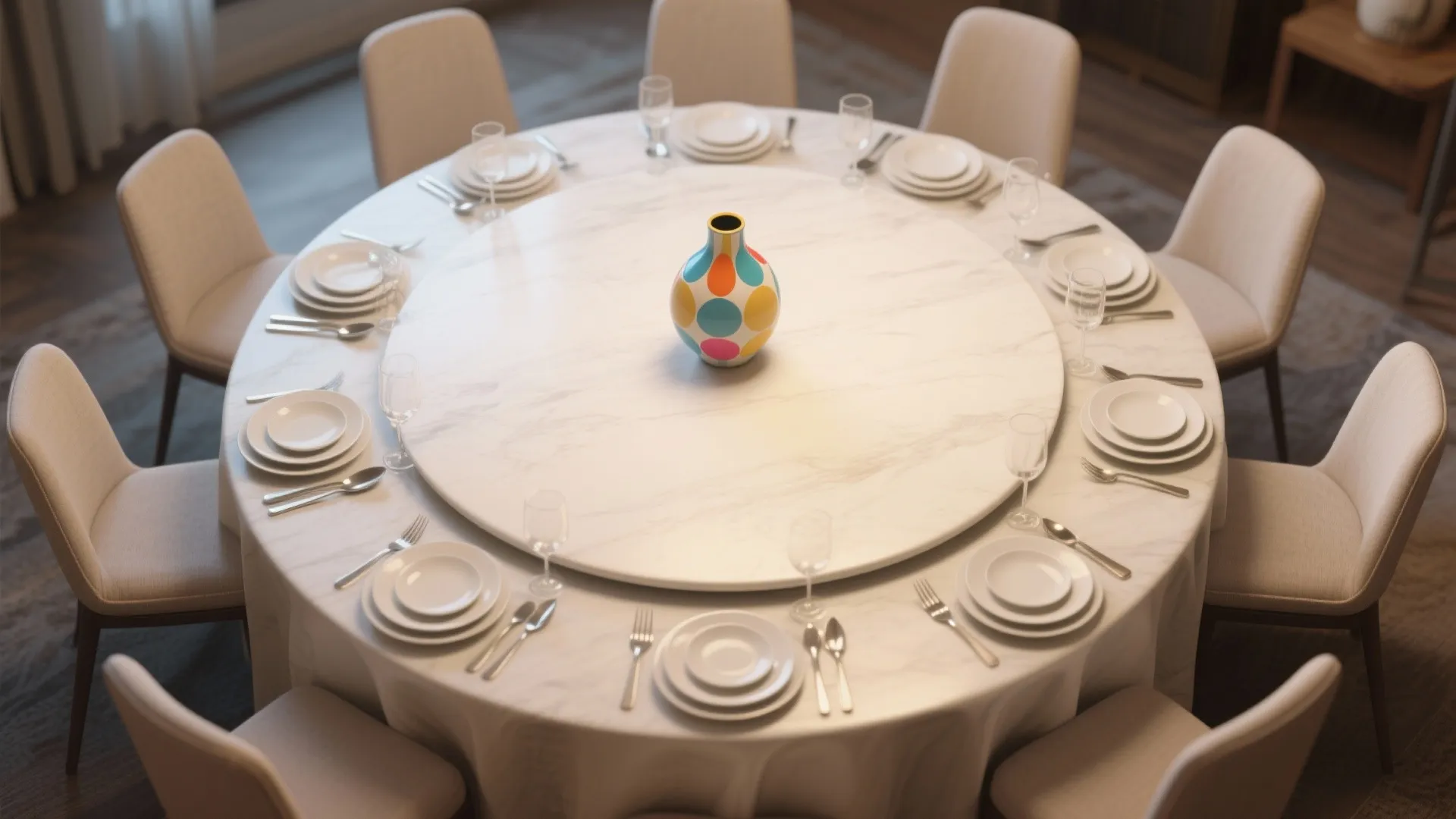 Modern round marble dining table with colorful vase surrounded by beige chairs in lit room