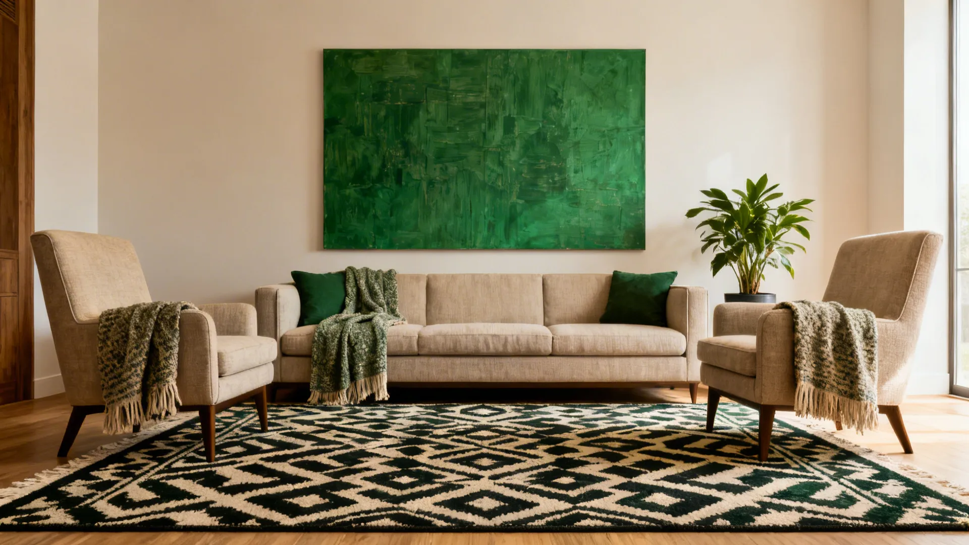 Symmetrical living room layout with matching chairs, a bold rug, wall art, and textured accessories.