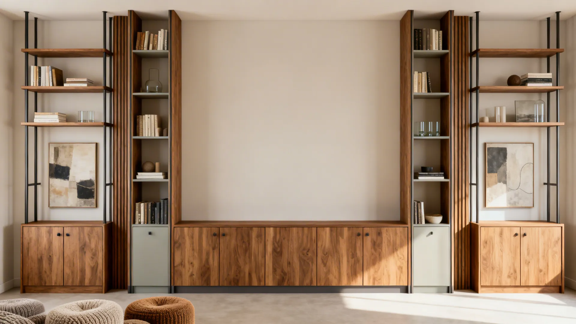 Symmetrical wood wall cabinet featuring open shelves for books and decorative items in living room