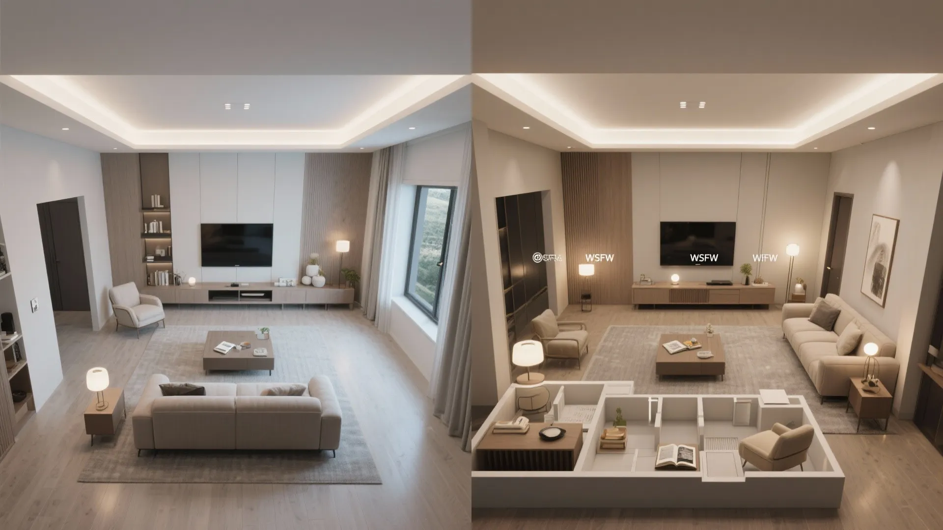 Interior design drawing comparing a living room layout with its detailed three dimensional floor plan model