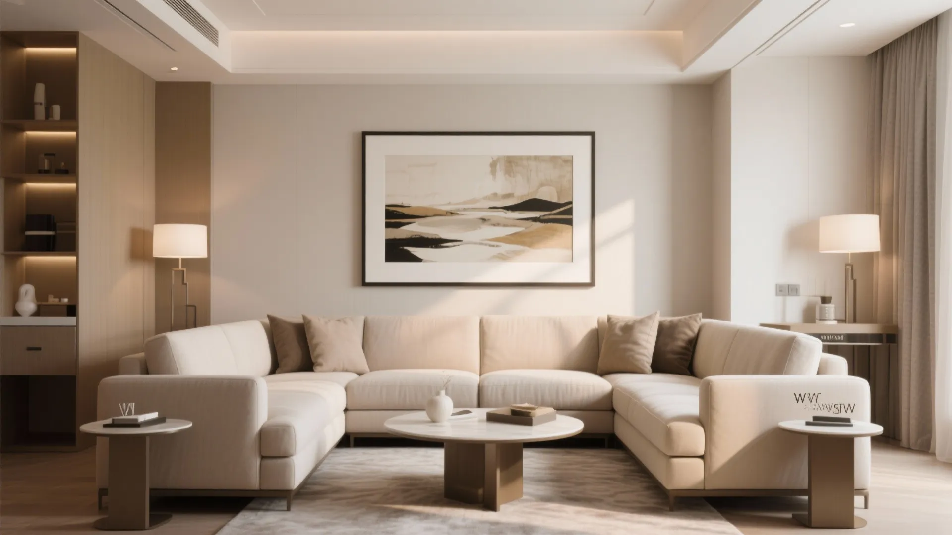 Modern cream sectional sofa in a living room with wall art and two table lamps