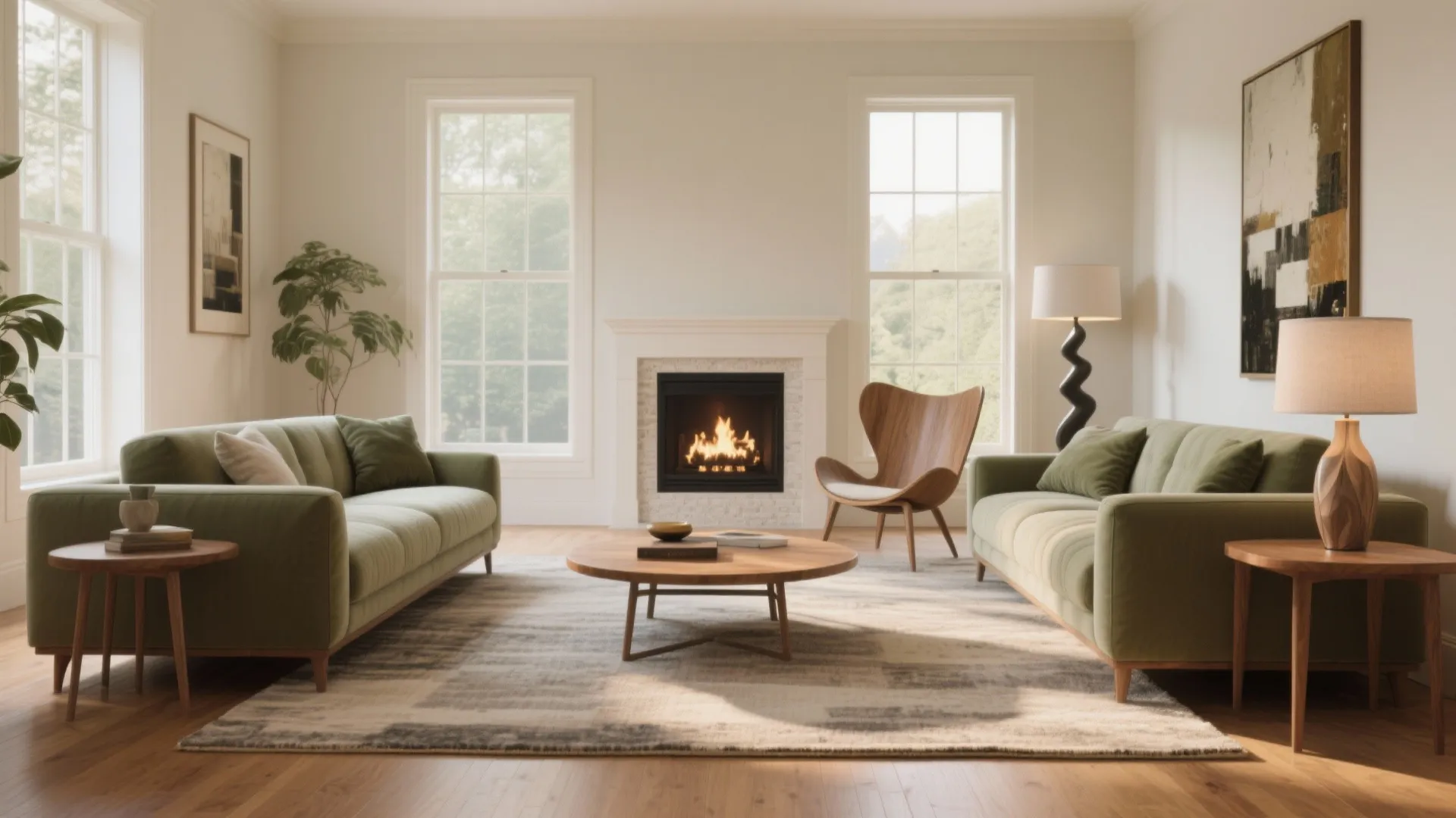 Living room with two green sofas facing each other around a round wooden central coffee table