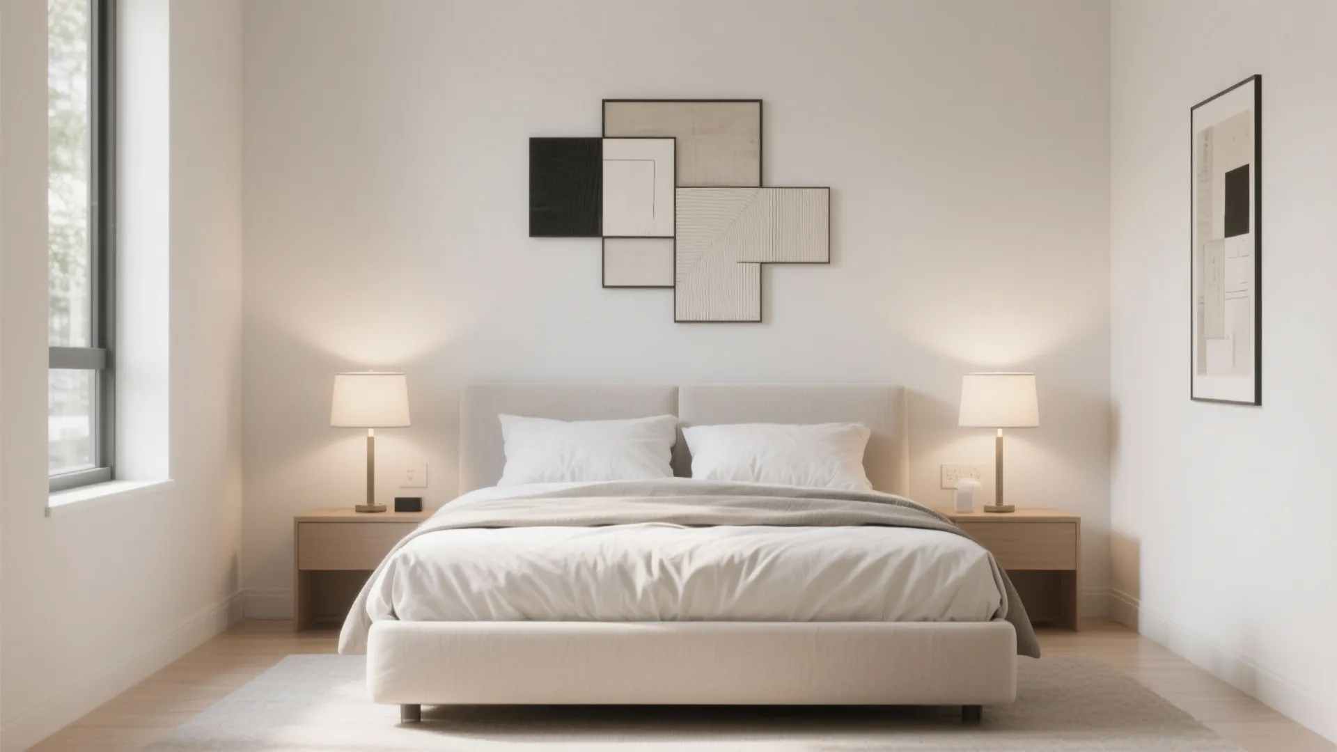 Symmetrical bedroom design with white bed two side tables table lamps and modern wall art display