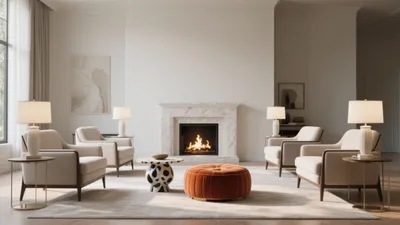Elegant Living Room with Marble Fireplace & Velvet Ottoman