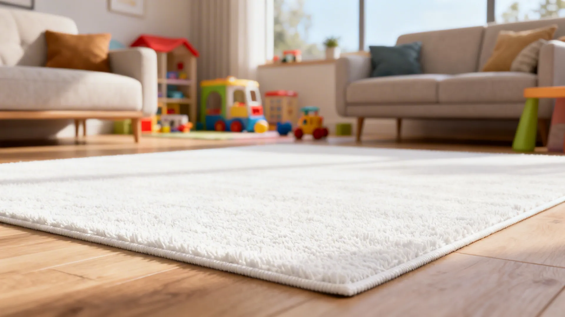 Family-friendly living area with a durable white synthetic blend rug and toys nearby.
