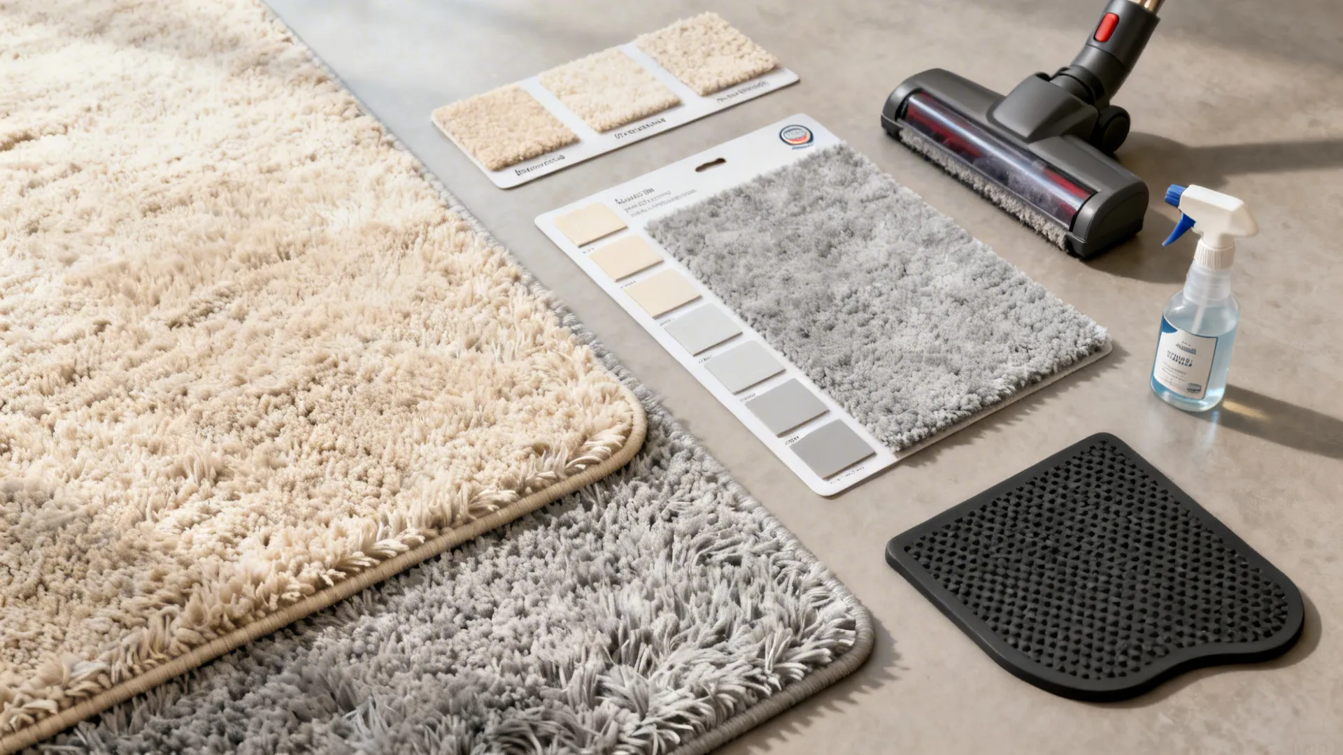 Flatlay of synthetic plush rug swatches with cleaning tools and rug pad corner