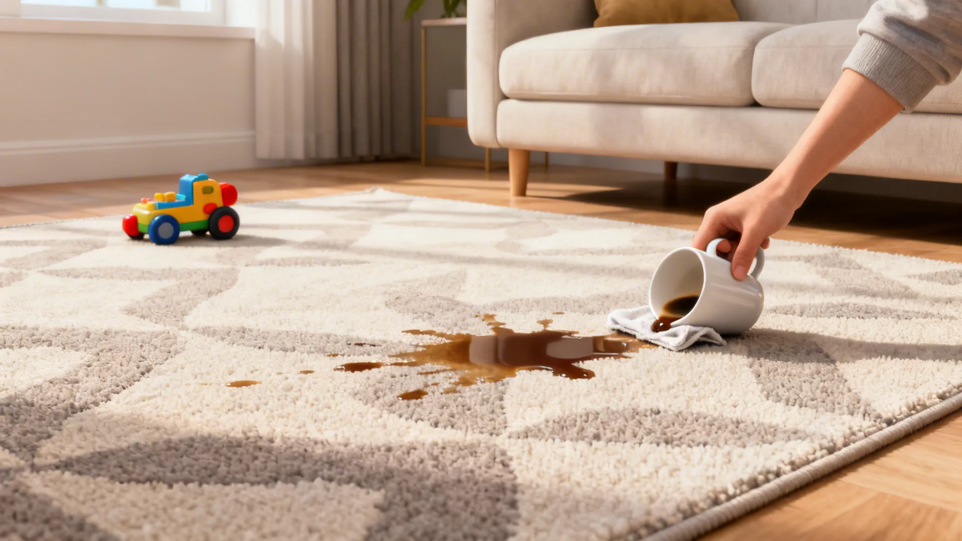 Polypropylene rug in living room being spot-cleaned after a spill.