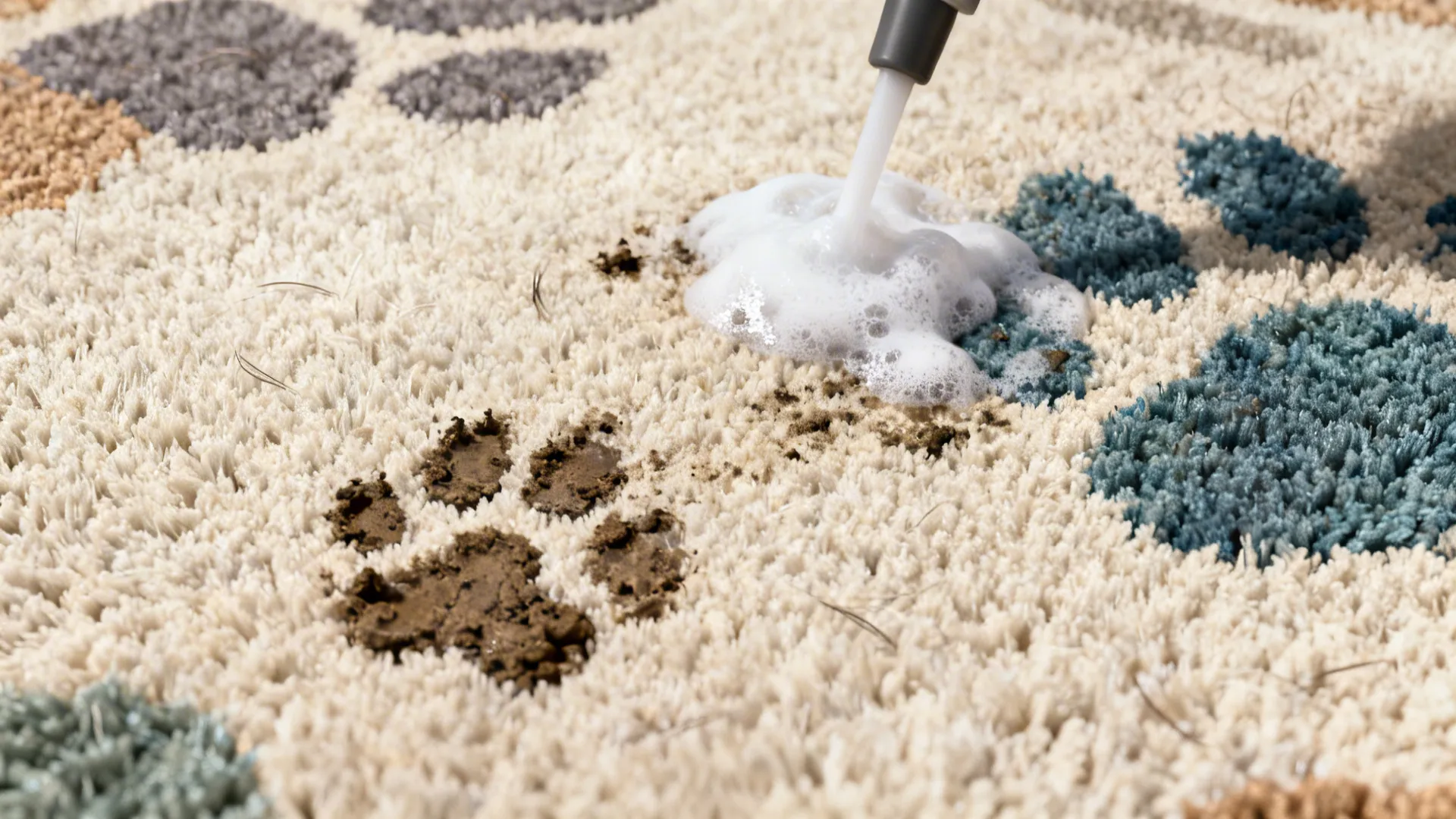 Close-up of a nylon blend rug being spot-cleaned, showing stain resistance and patterned surface