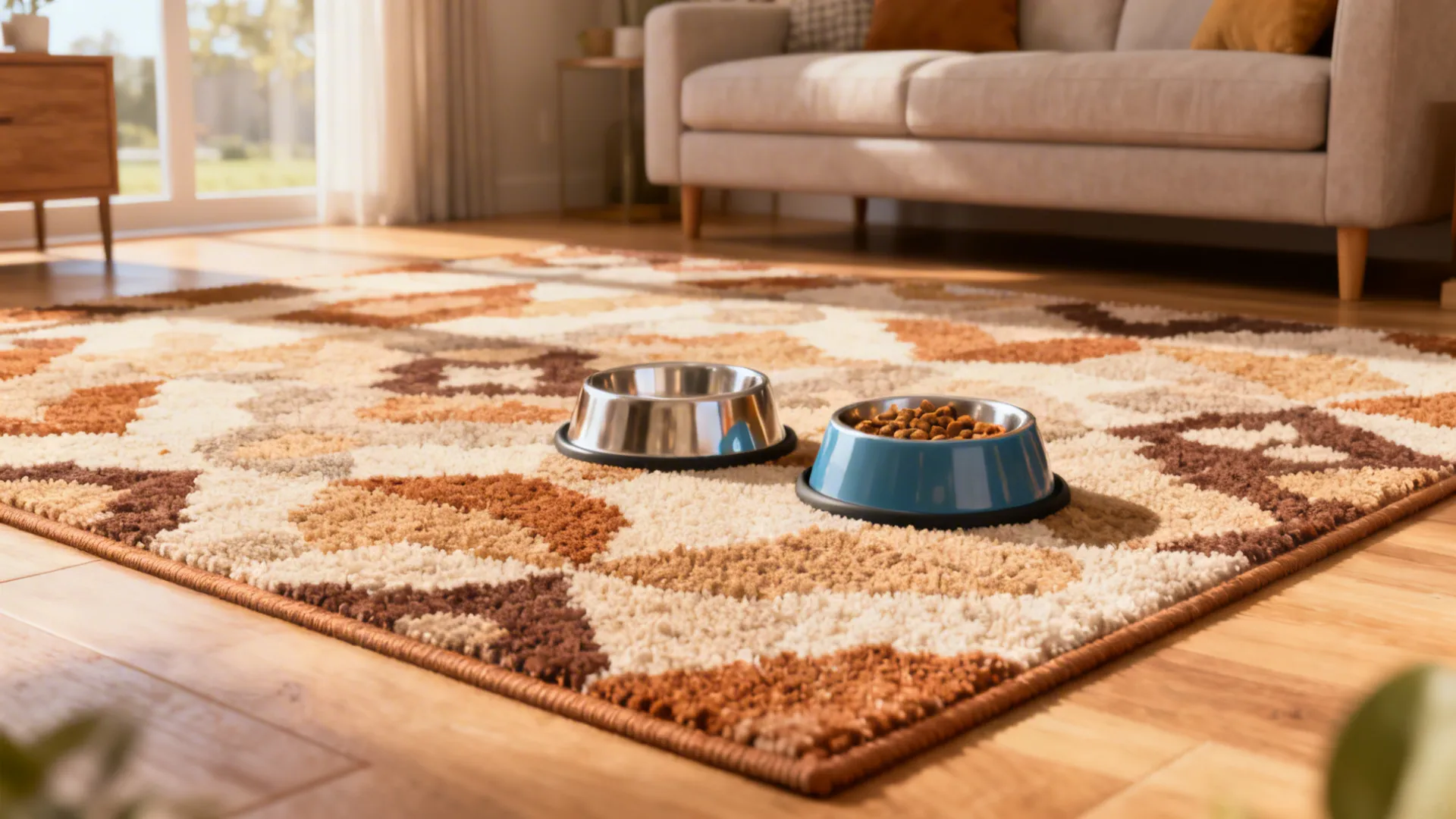 Family-friendly rustic living room with a low-pile synthetic rug in earth tones