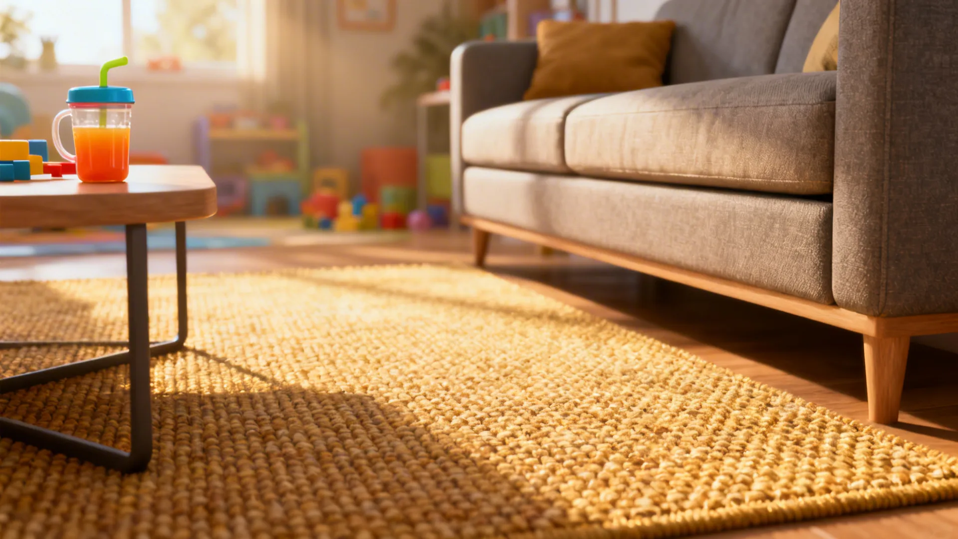 Low-pile polypropylene rug in a family living corner showing durable, easy-clean surface