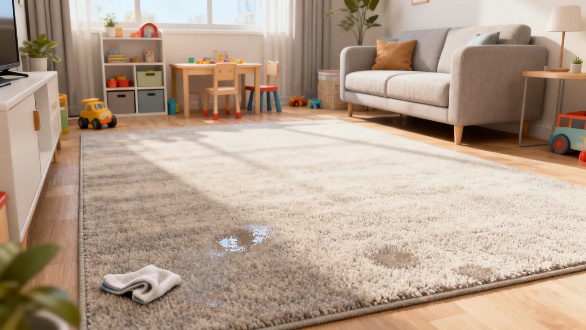 Family living room with a low-pile synthetic rug being spot-cleaned with a damp cloth.