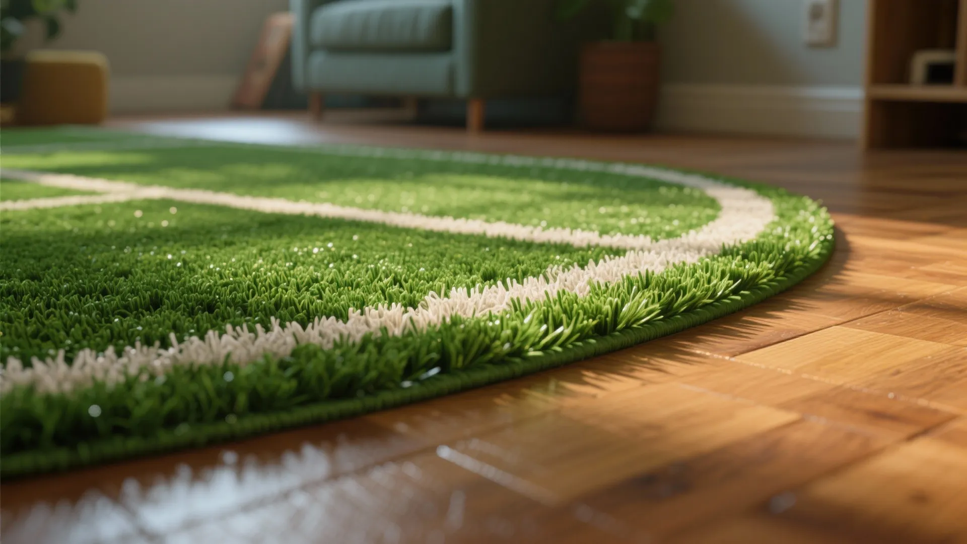 Synthetic turf rug adding sporty texture to room floor