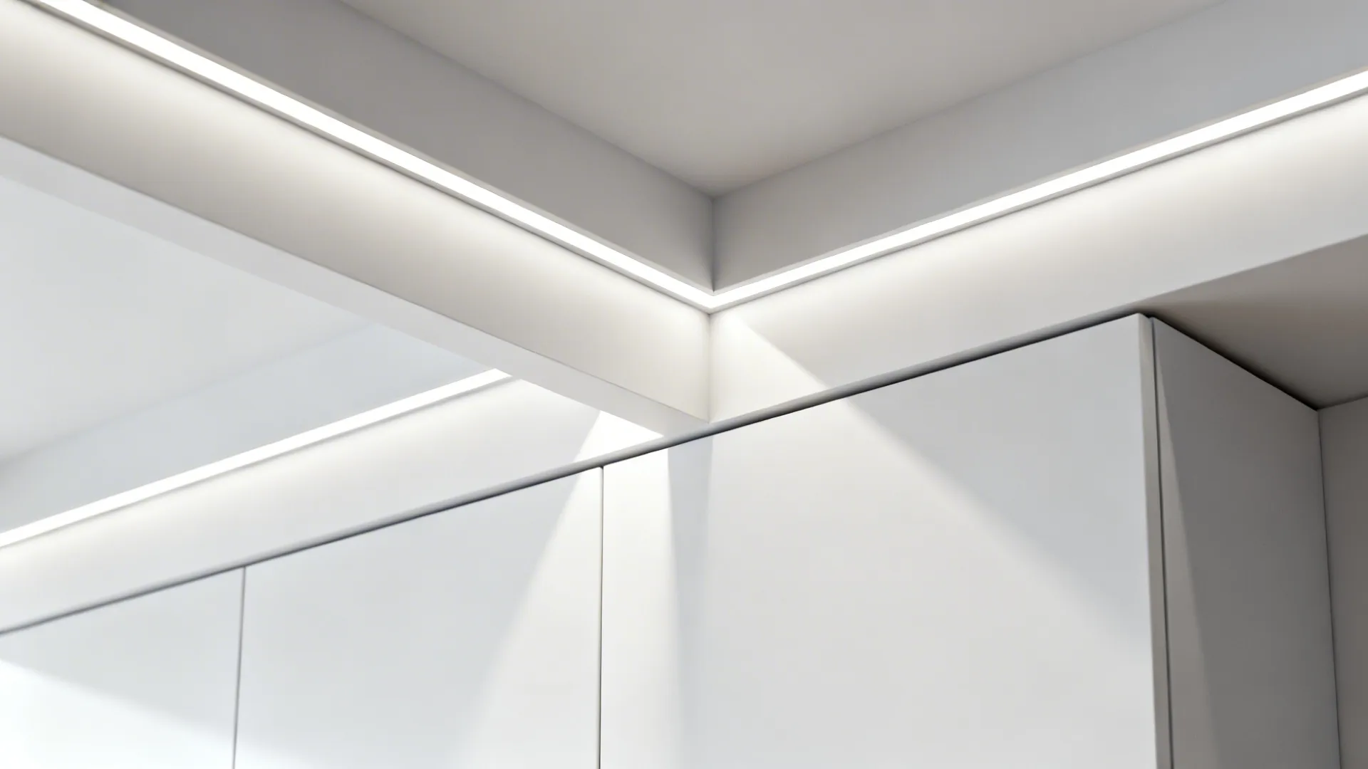 Close-up of a narrow T-shaped POP ceiling band with crisp joints and integrated lighting.