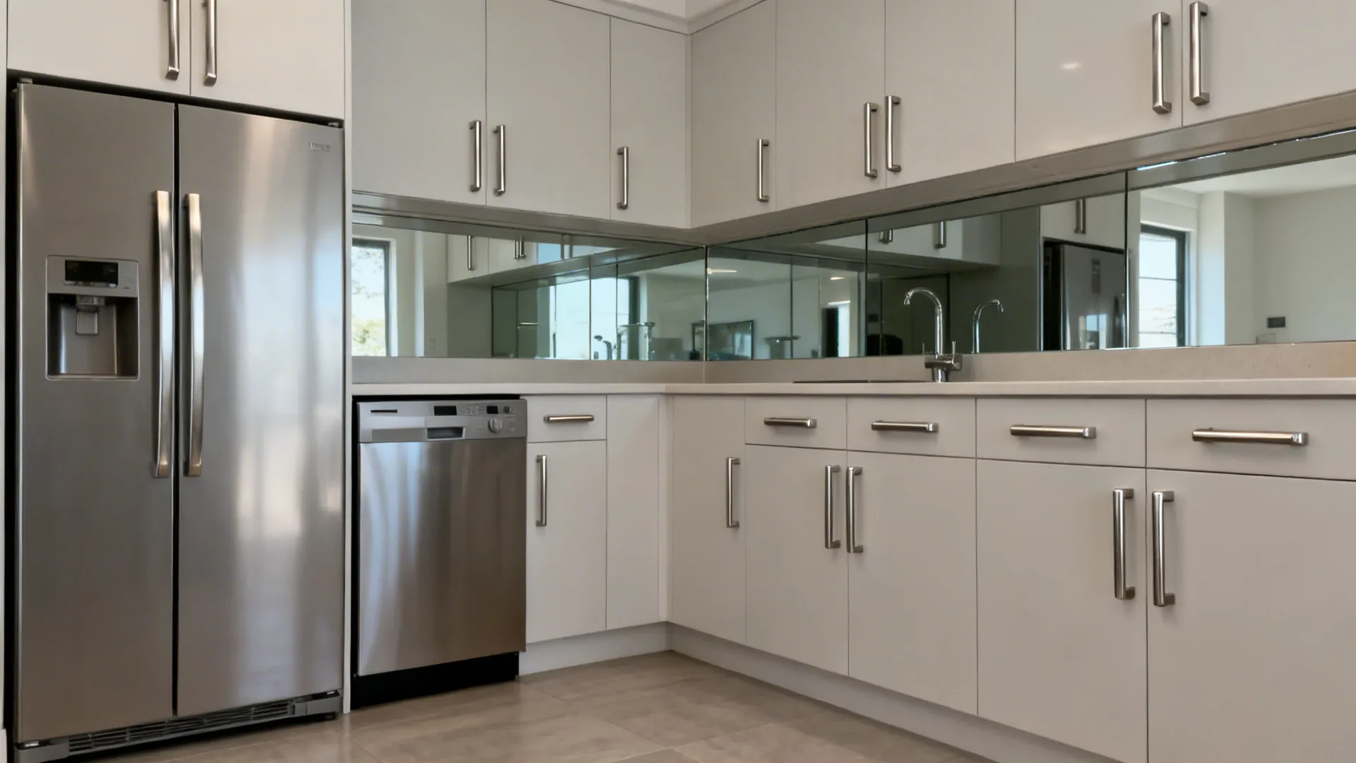 L-shaped kitchen with matching brushed stainless T-bar handles and appliance pulls.