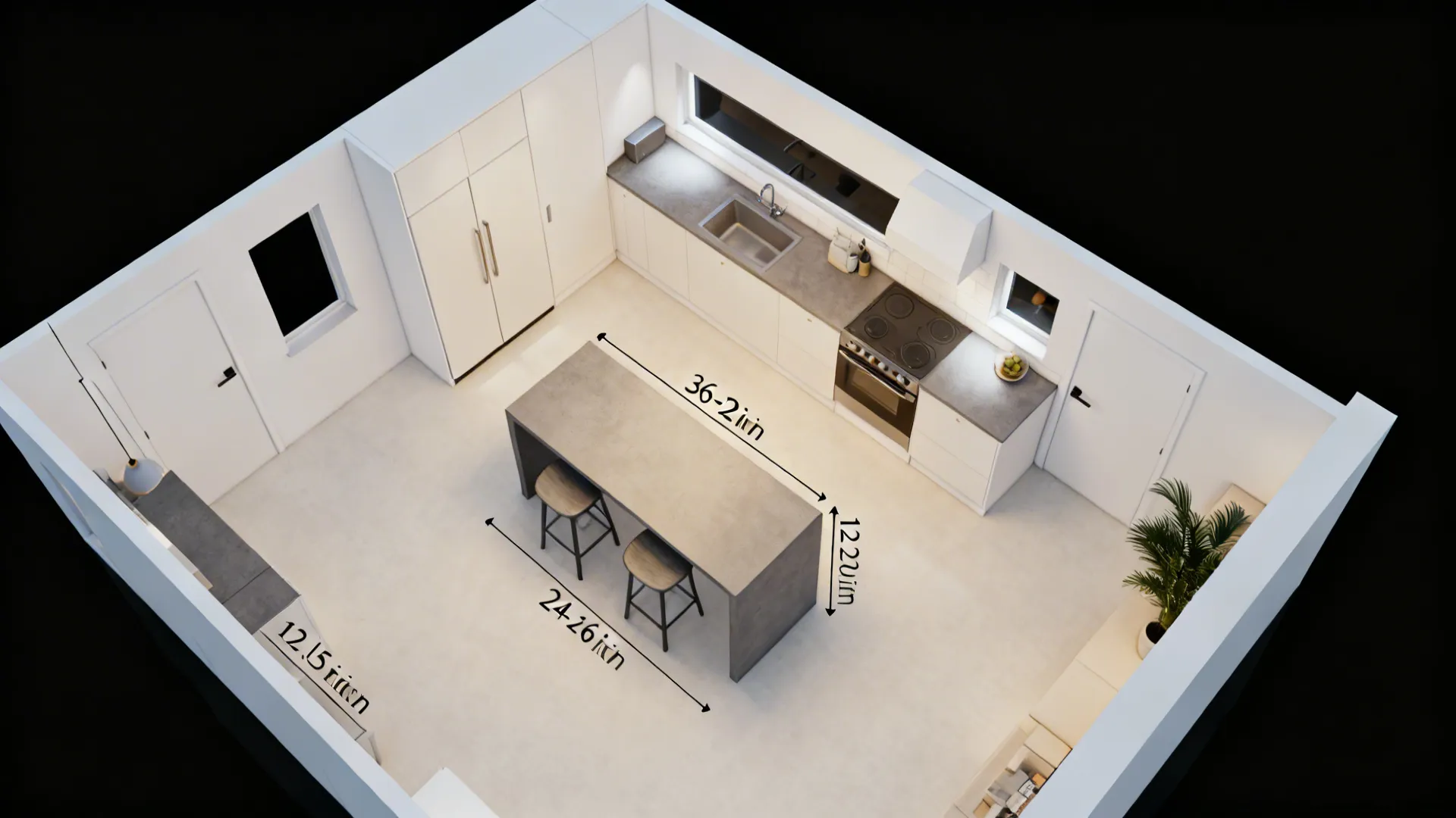 Top-down view of a compact kitchen with a T-shaped island showing realistic seating and aisle clearances.