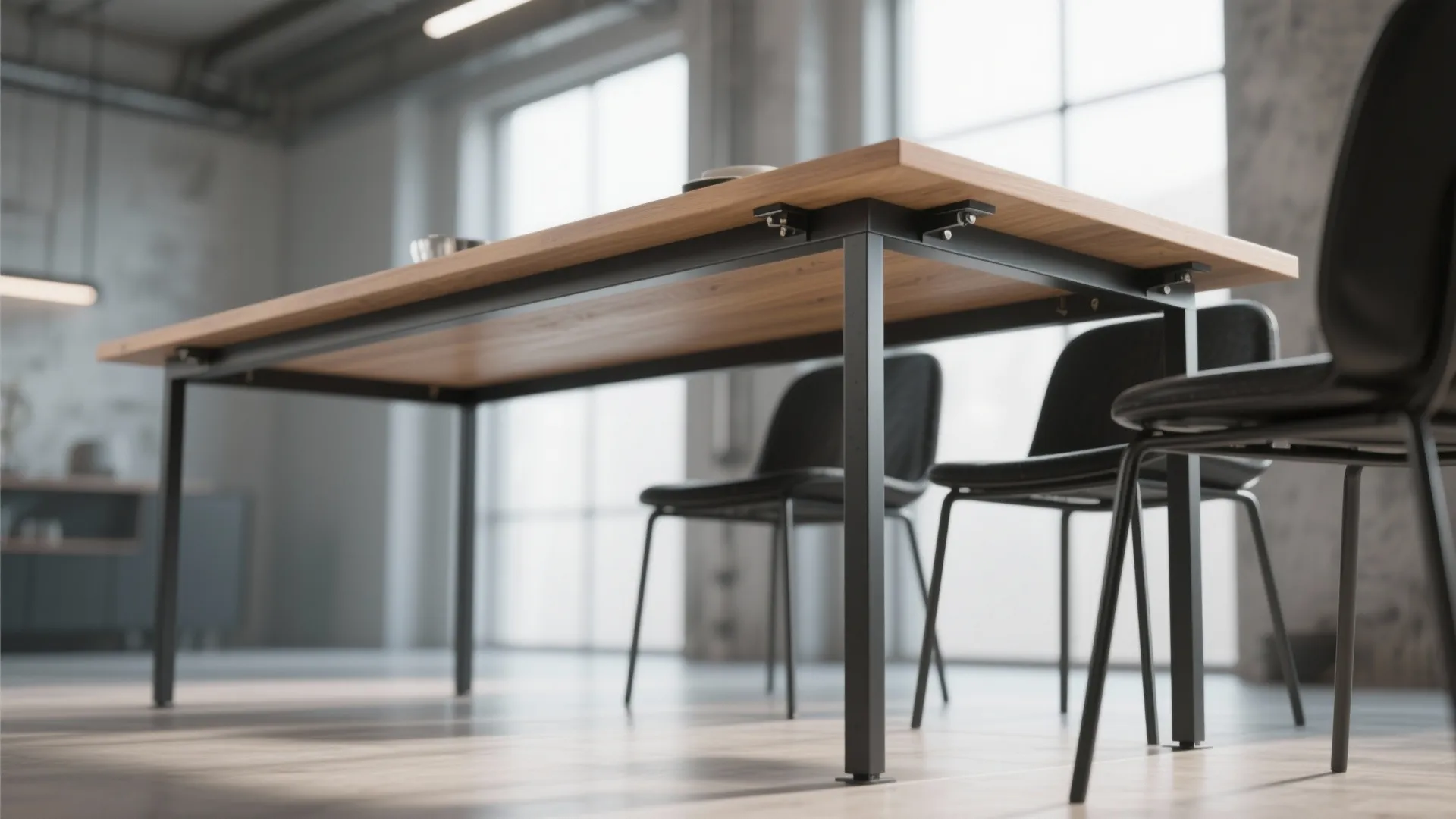 Industrial dining table with wood top black metal legs and black chairs in bright room