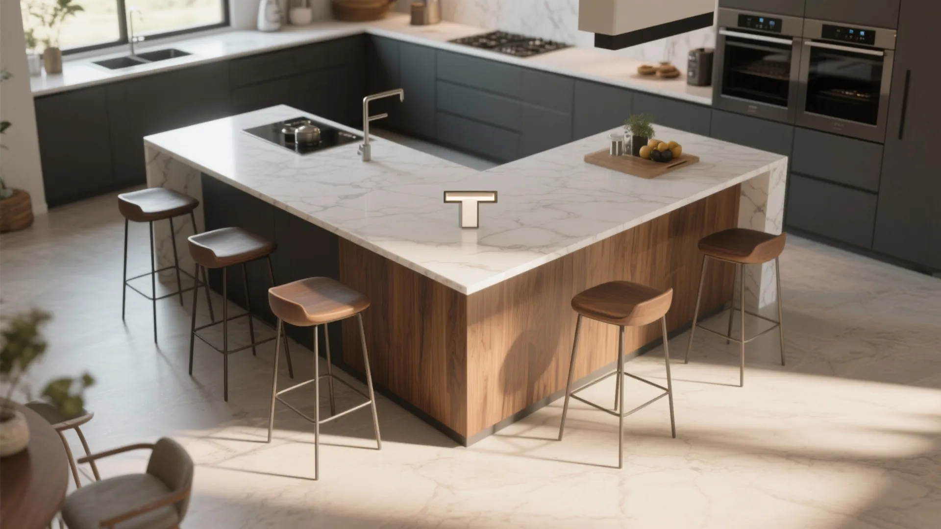 Modern kitchen with white marble t-shaped island wooden cabinets grey counters and five tall bar stools