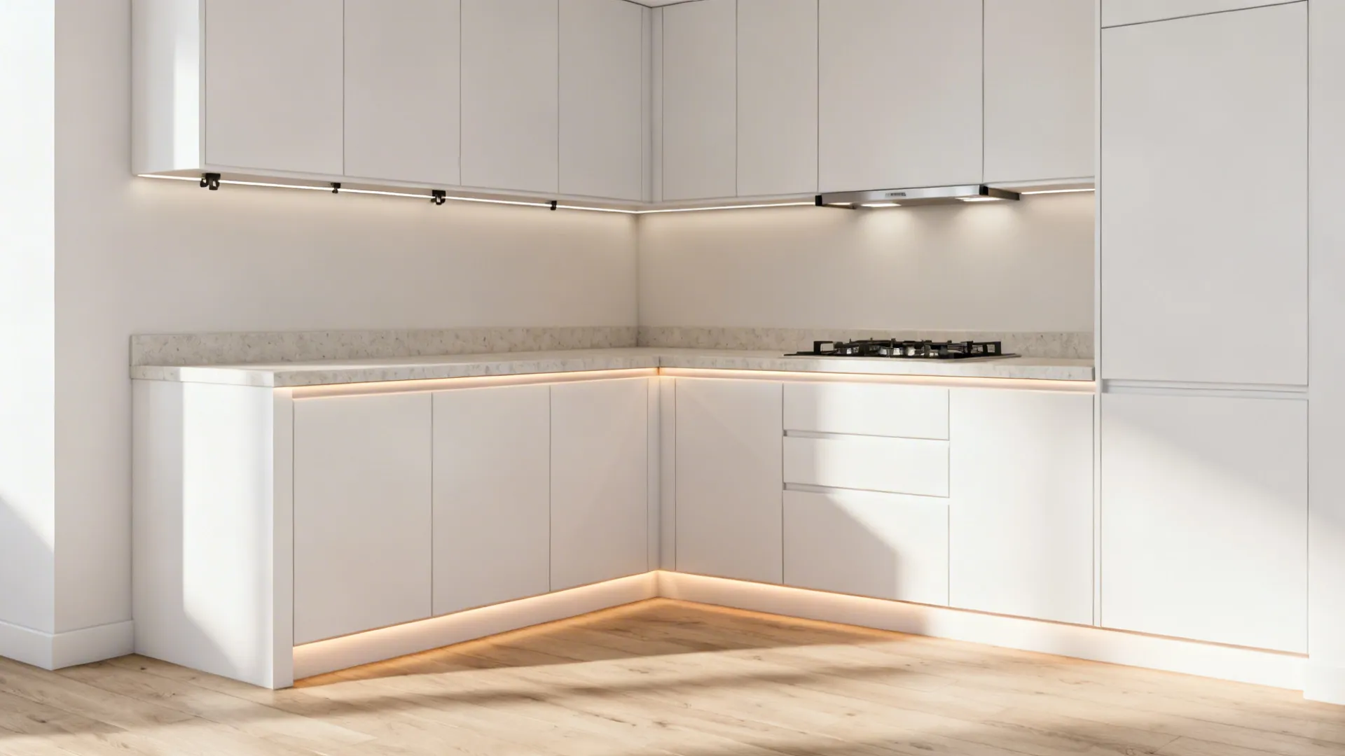 L-shaped kitchen with a T-shaped POP ceiling band aligning with cabinets and zones.