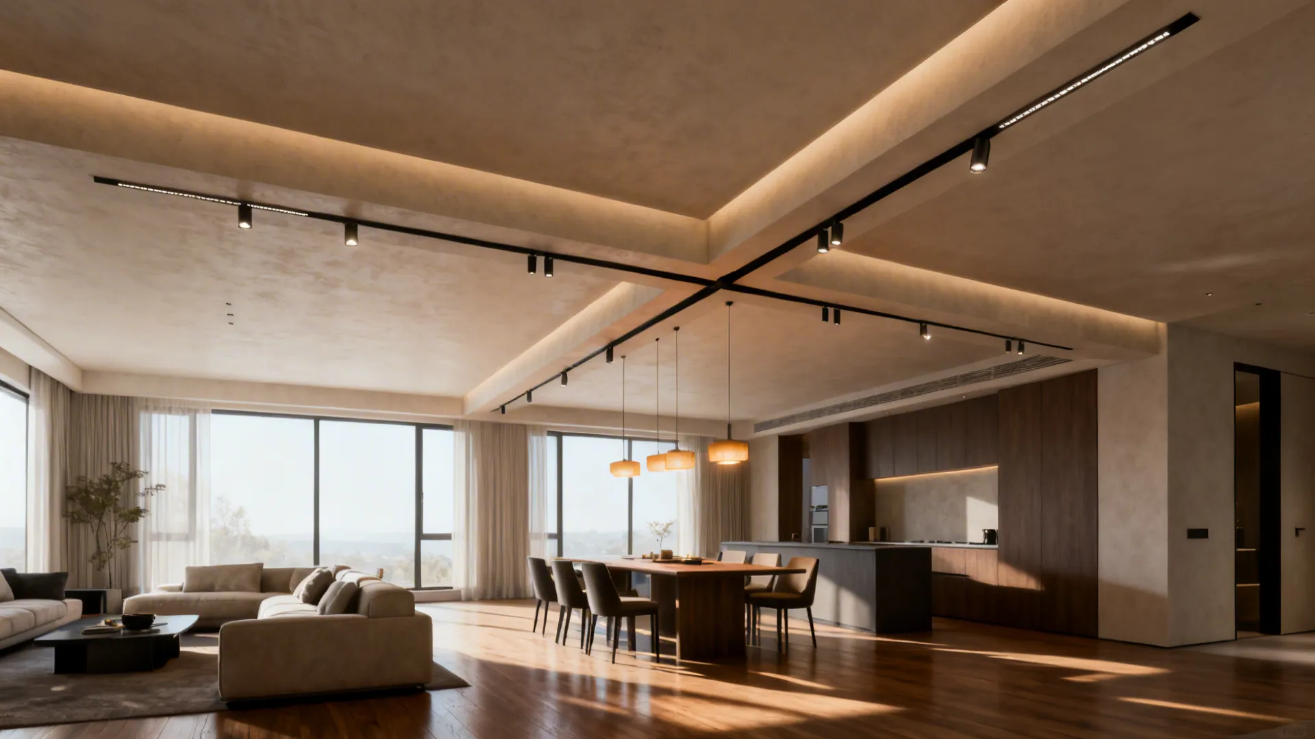 L-shaped living room with a slim T-shaped ceiling spine unifying lounge and dining