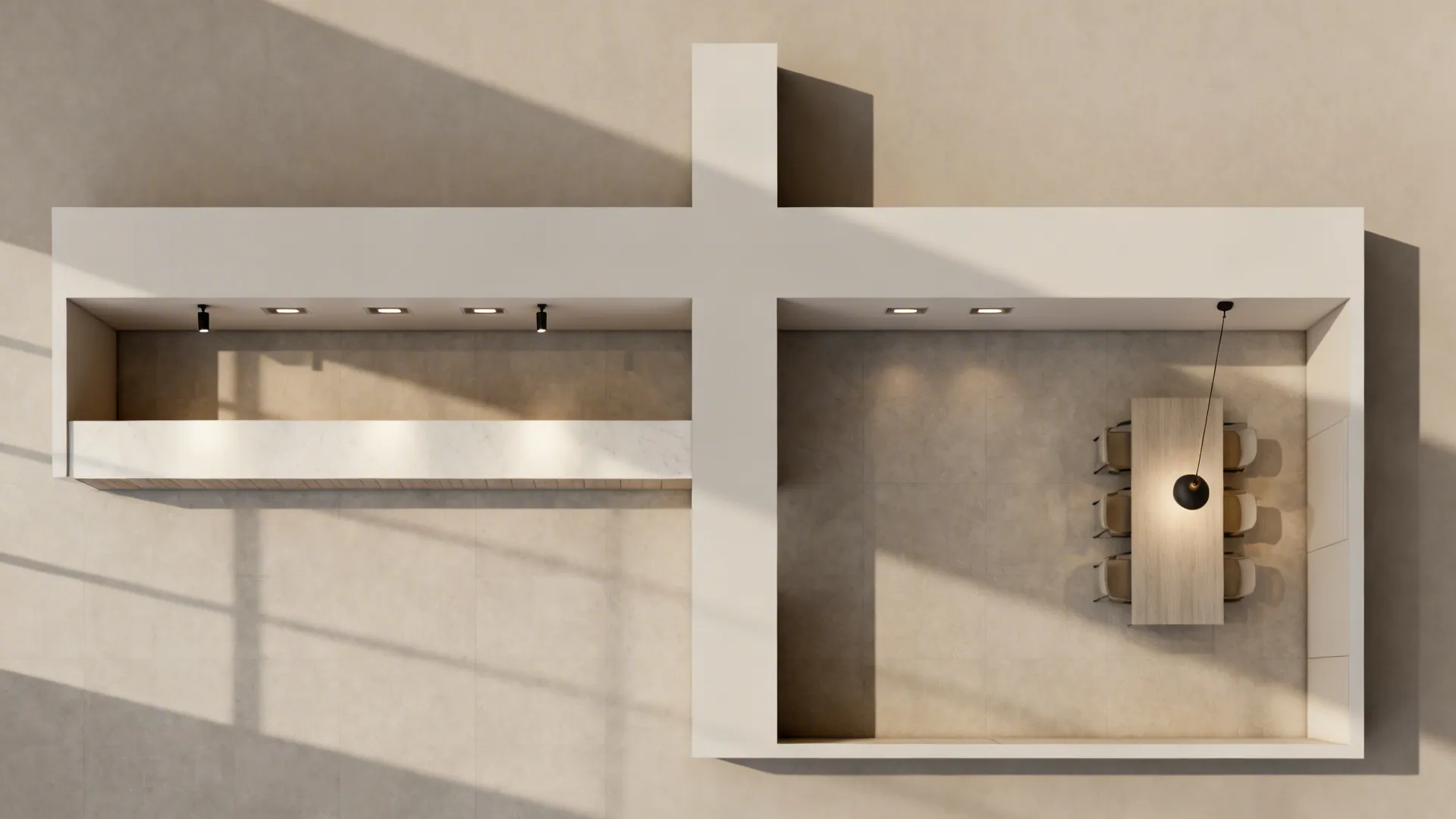 Top-down view of L-shaped plan with T-shaped ceiling spine and lighting points