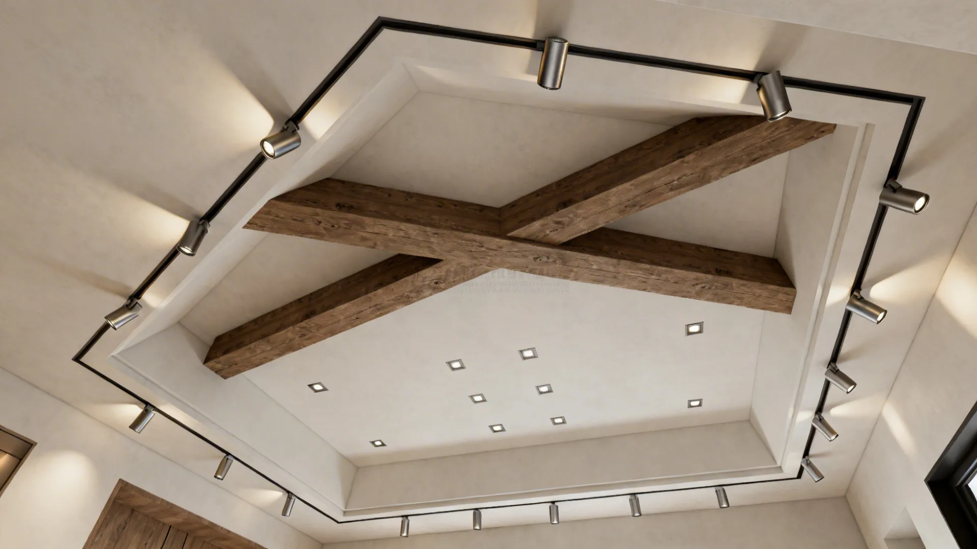 Recessed ceiling with crossing dark wood beams track lighting and several small square ceiling lights