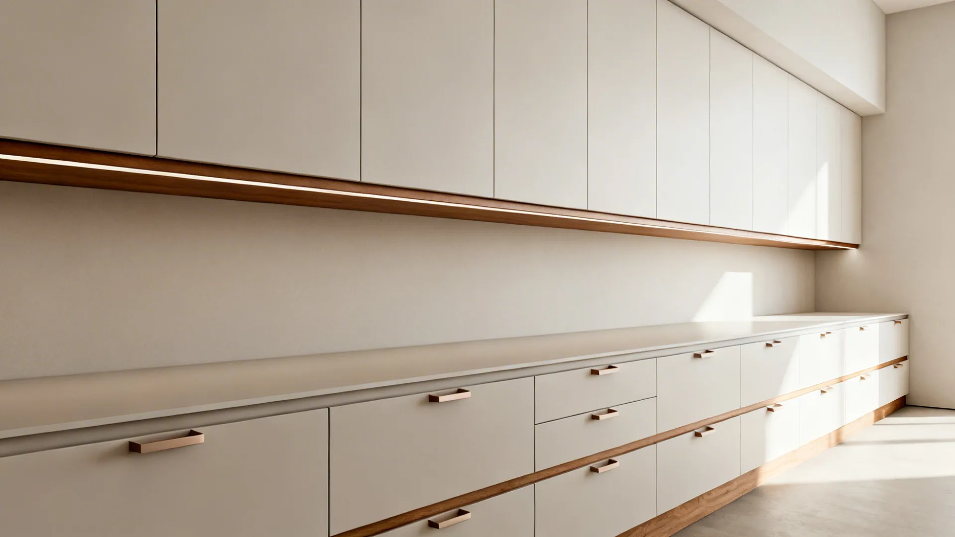 Minimal slab cabinets with tab pulls and a continuous integrated finger rail.